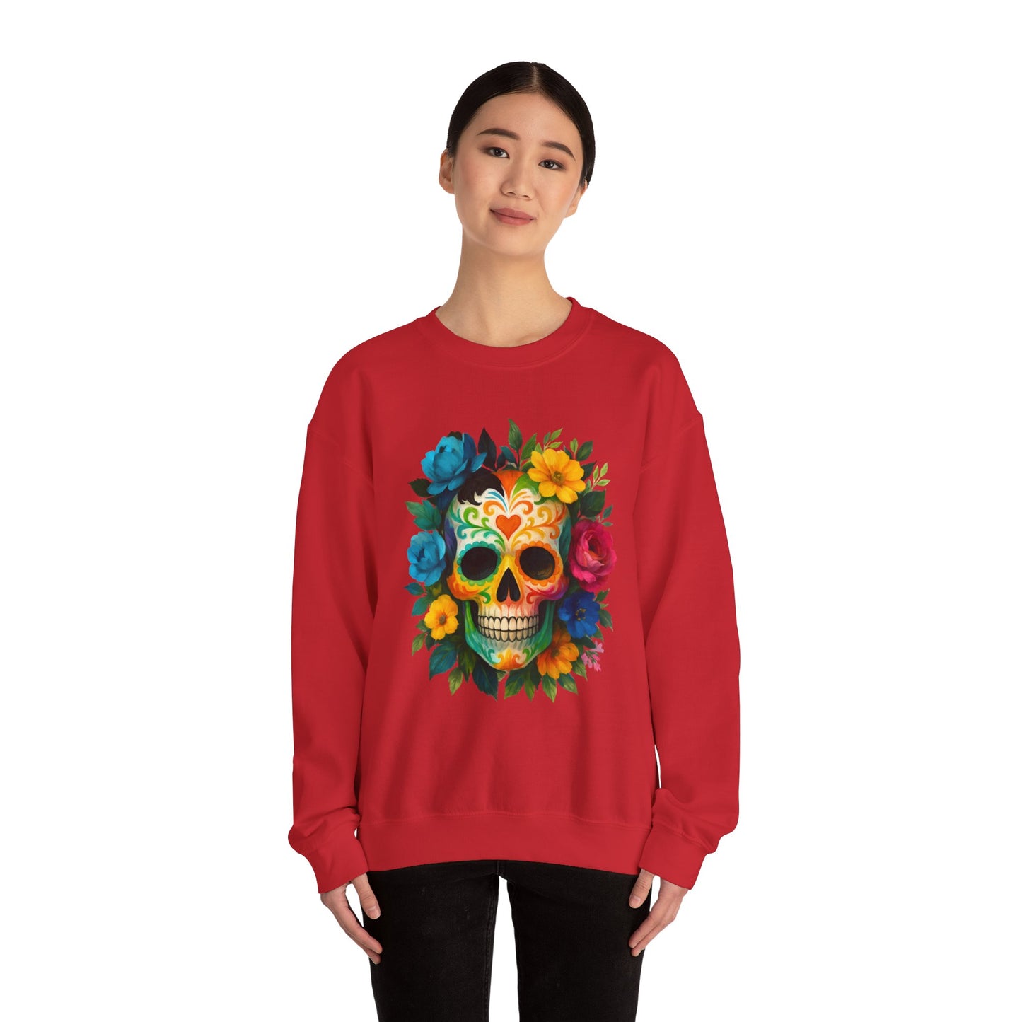 Colorful Sugar Skull Sweatshirt, Unisex Crewneck Sweatshirt for Halloween, Unique Gift for Day of the Dead, Cozy Fall Fashion, Casual Wear