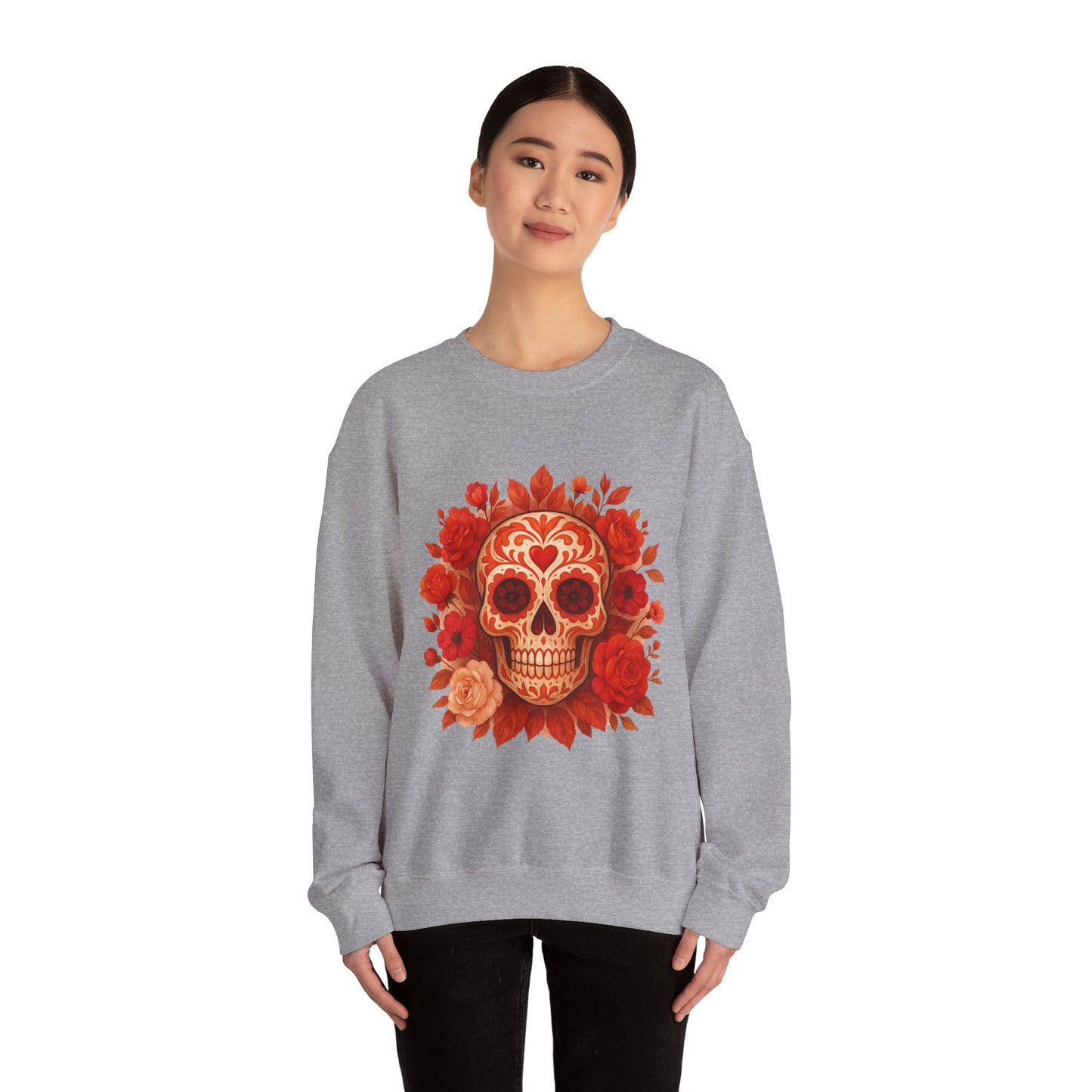 Colorful Sugar Skull Sweatshirt, Unisex Crewneck Sweatshirt for Halloween, Unique Gift for Day of the Dead, Cozy Fall Fashion, Casual Wear