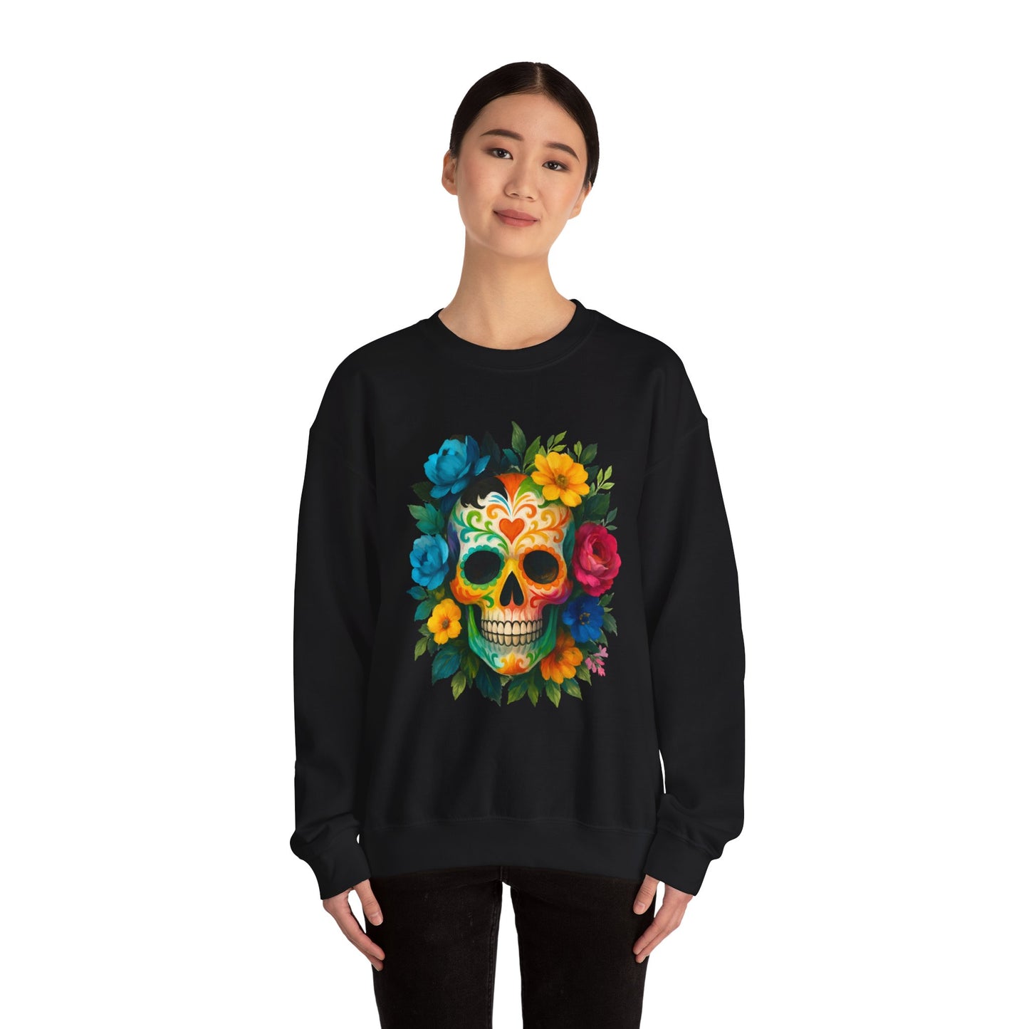Colorful Sugar Skull Sweatshirt, Unisex Crewneck Sweatshirt for Halloween, Unique Gift for Day of the Dead, Cozy Fall Fashion, Casual Wear