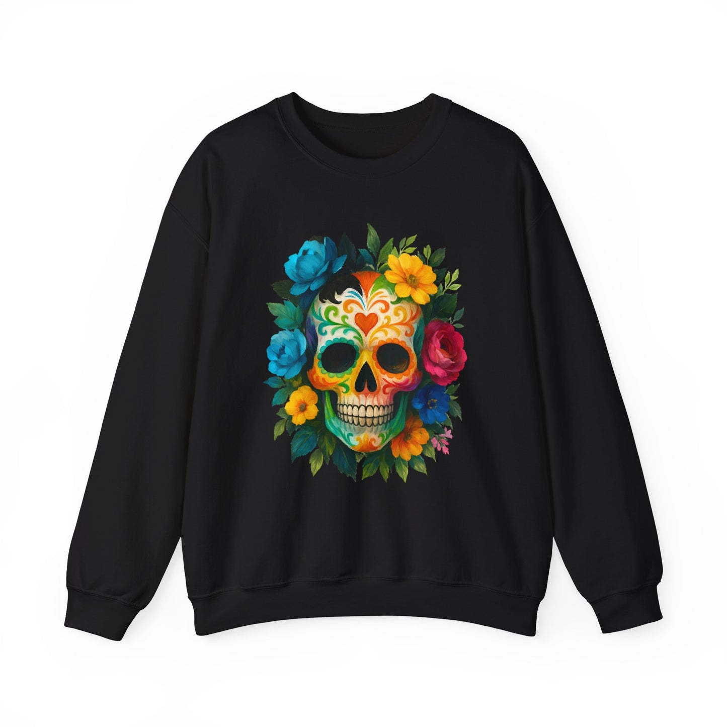 Colorful Sugar Skull Sweatshirt, Unisex Crewneck Sweatshirt for Halloween, Unique Gift for Day of the Dead, Cozy Fall Fashion, Casual Wear