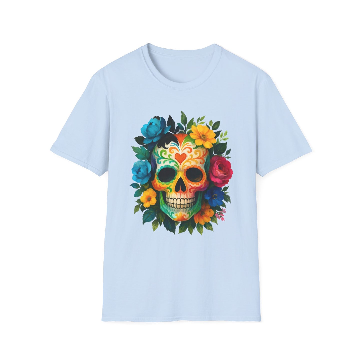 Colorful Floral Skull T-Shirt, Dia de los Muertos Tee, Casual Wear, Gifts for Her, Graphic Shirt, Boho Style Fashion