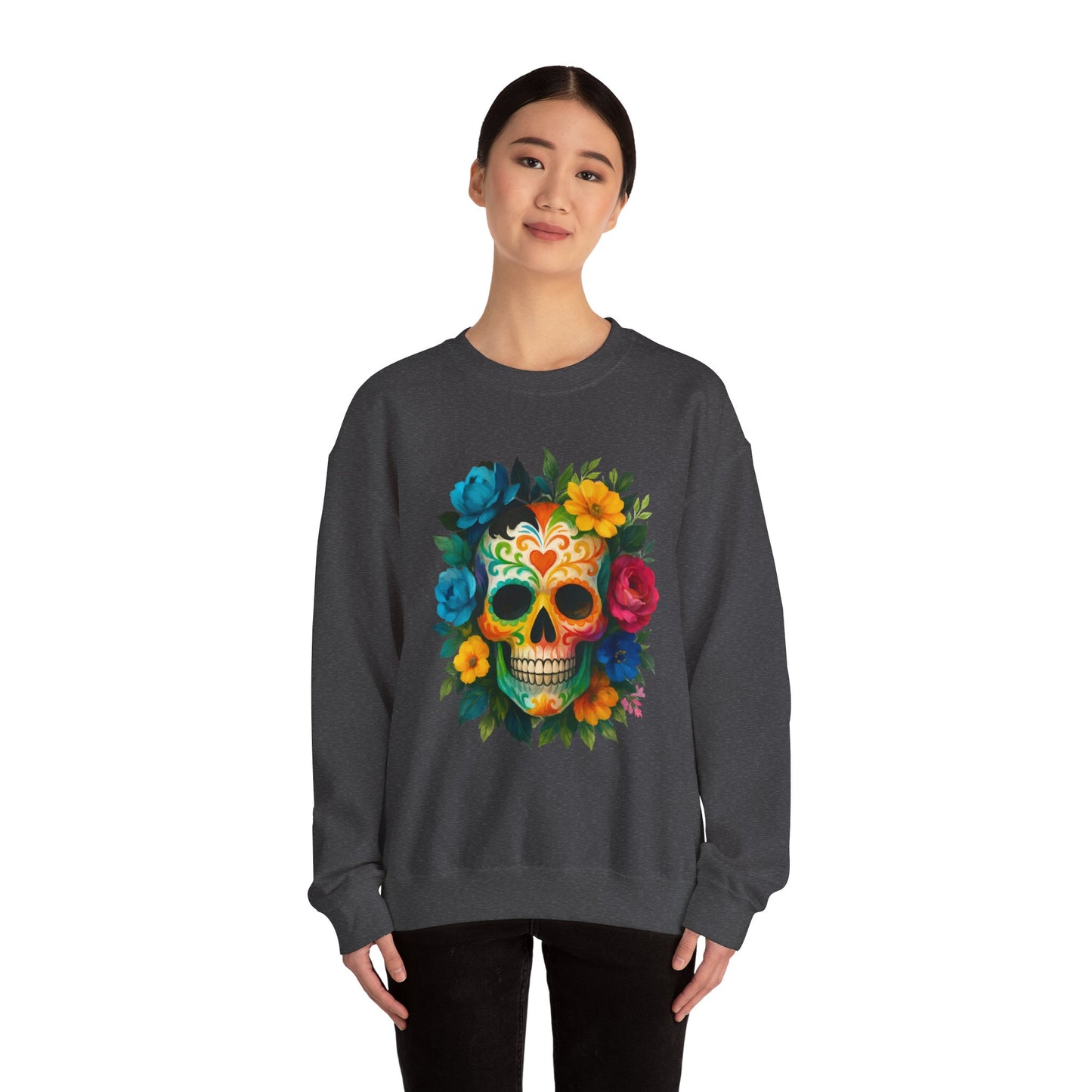 Colorful Sugar Skull Sweatshirt, Unisex Crewneck Sweatshirt for Halloween, Unique Gift for Day of the Dead, Cozy Fall Fashion, Casual Wear