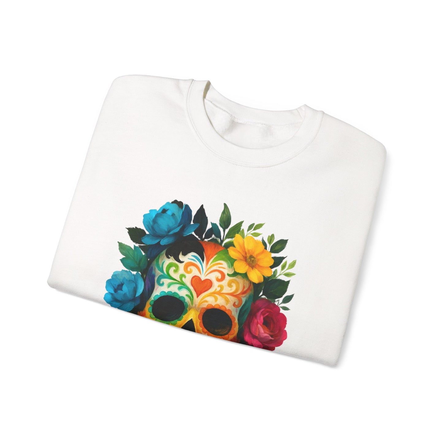 Colorful Sugar Skull Sweatshirt, Unisex Crewneck Sweatshirt for Halloween, Unique Gift for Day of the Dead, Cozy Fall Fashion, Casual Wear