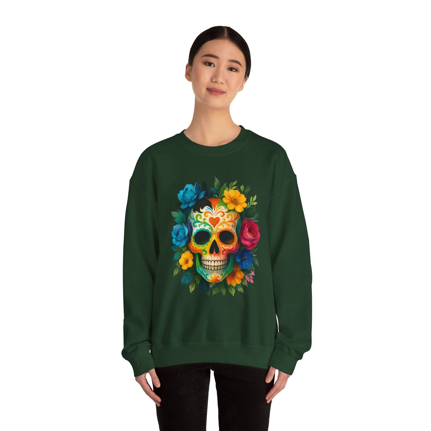 Colorful Sugar Skull Sweatshirt, Unisex Crewneck Sweatshirt for Halloween, Unique Gift for Day of the Dead, Cozy Fall Fashion, Casual Wear