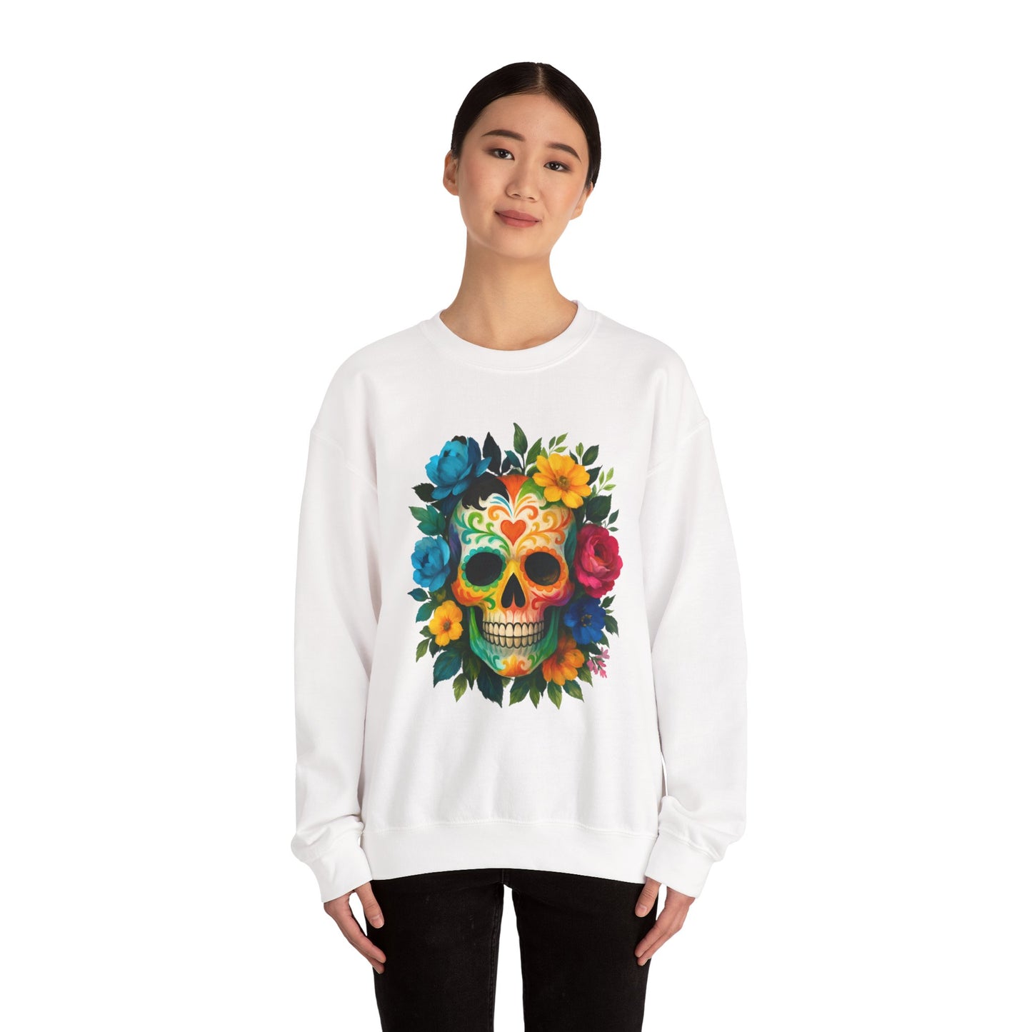 Colorful Sugar Skull Sweatshirt, Unisex Crewneck Sweatshirt for Halloween, Unique Gift for Day of the Dead, Cozy Fall Fashion, Casual Wear