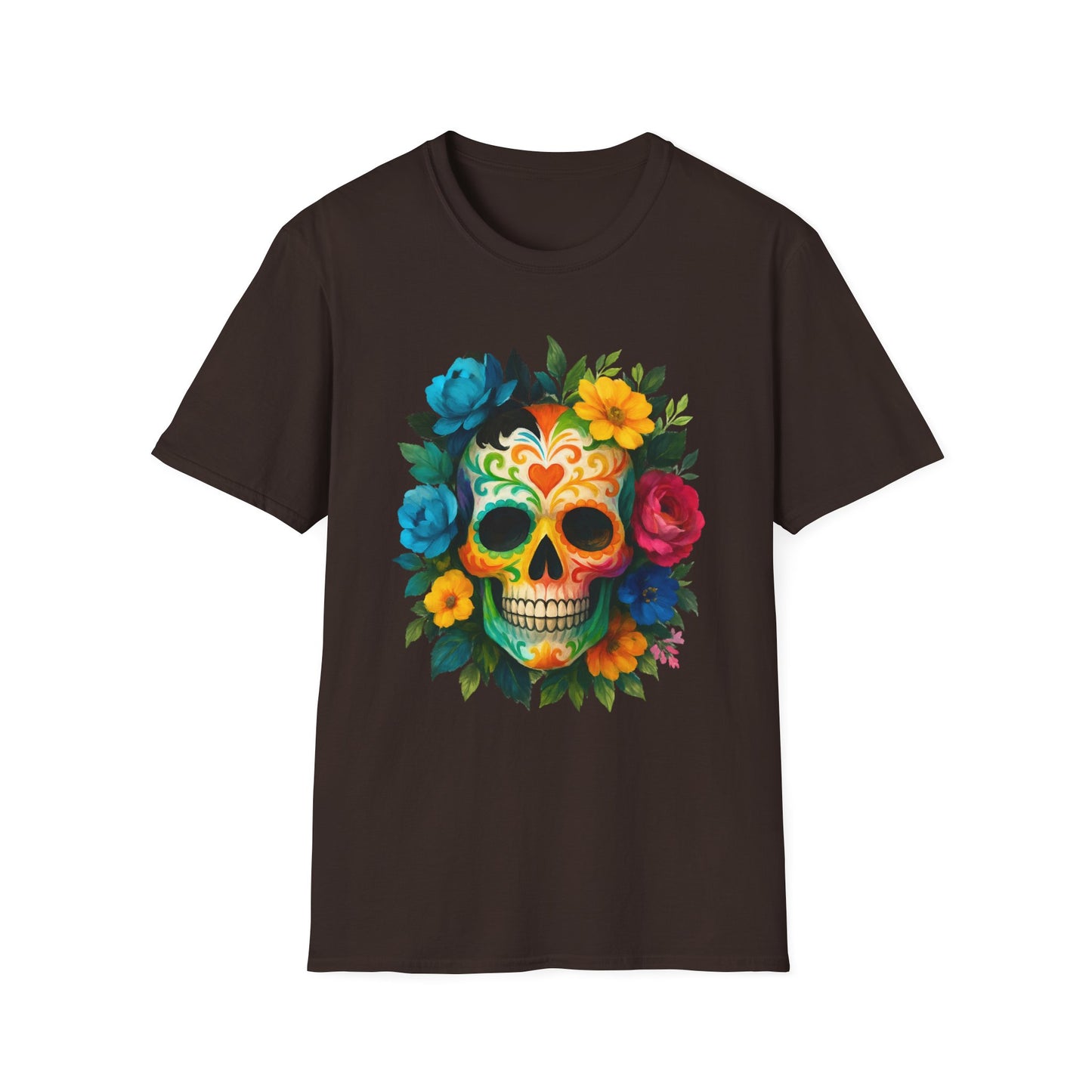 Colorful Floral Skull T-Shirt, Dia de los Muertos Tee, Casual Wear, Gifts for Her, Graphic Shirt, Boho Style Fashion