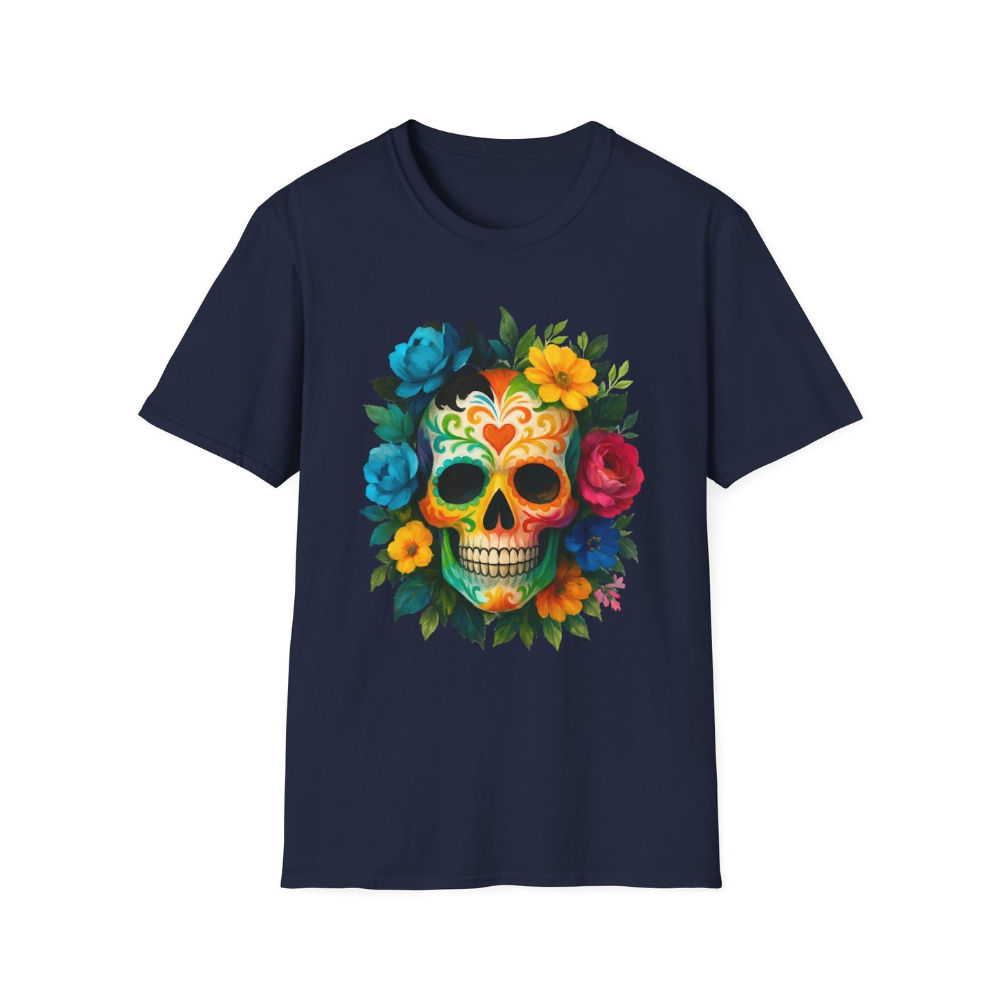 Colorful Floral Skull T-Shirt, Dia de los Muertos Tee, Casual Wear, Gifts for Her, Graphic Shirt, Boho Style Fashion