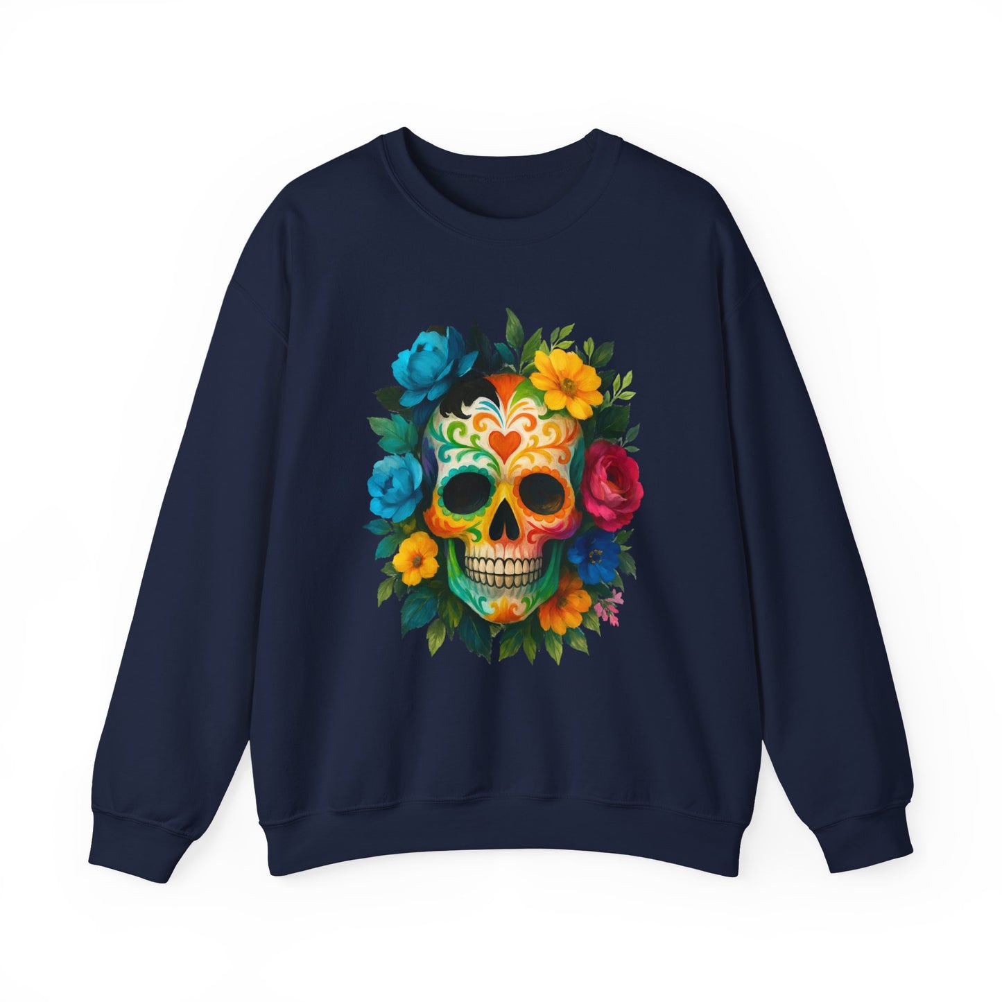 Colorful Sugar Skull Sweatshirt, Unisex Crewneck Sweatshirt for Halloween, Unique Gift for Day of the Dead, Cozy Fall Fashion, Casual Wear