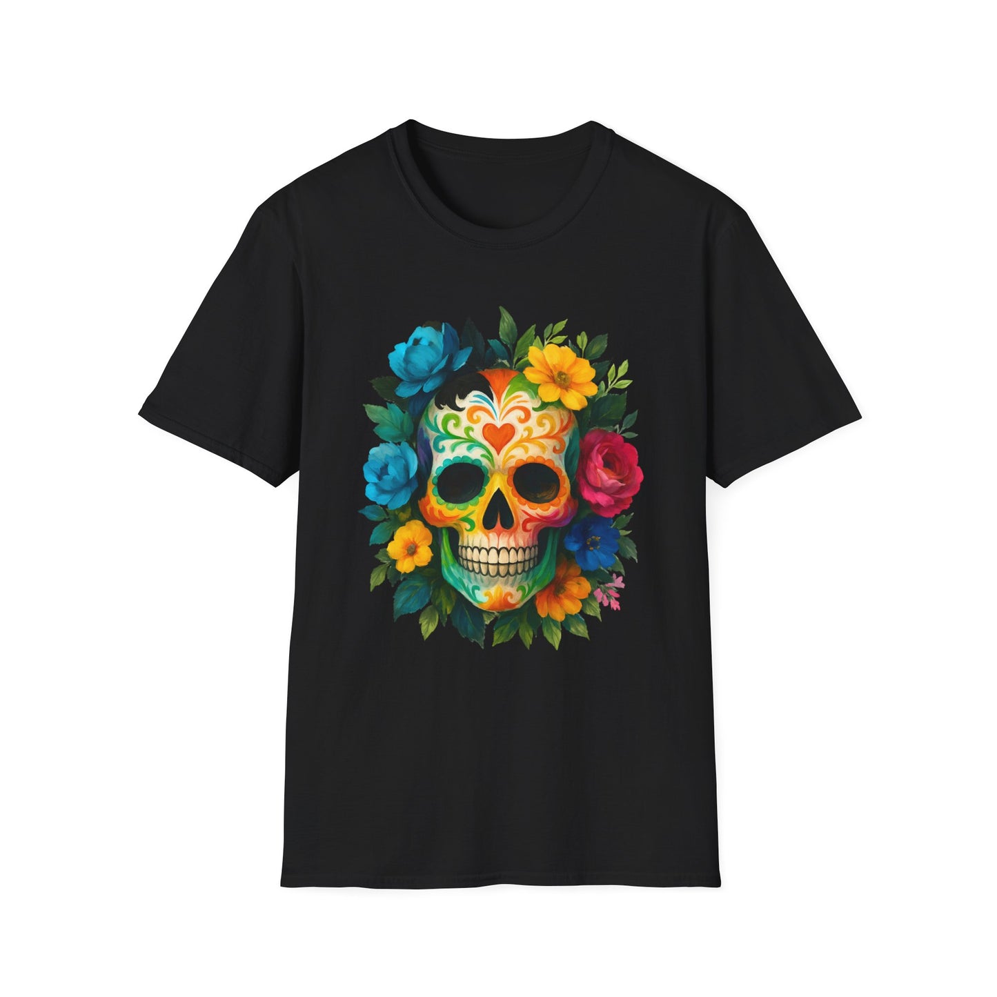 Colorful Floral Skull T-Shirt, Dia de los Muertos Tee, Casual Wear, Gifts for Her, Graphic Shirt, Boho Style Fashion