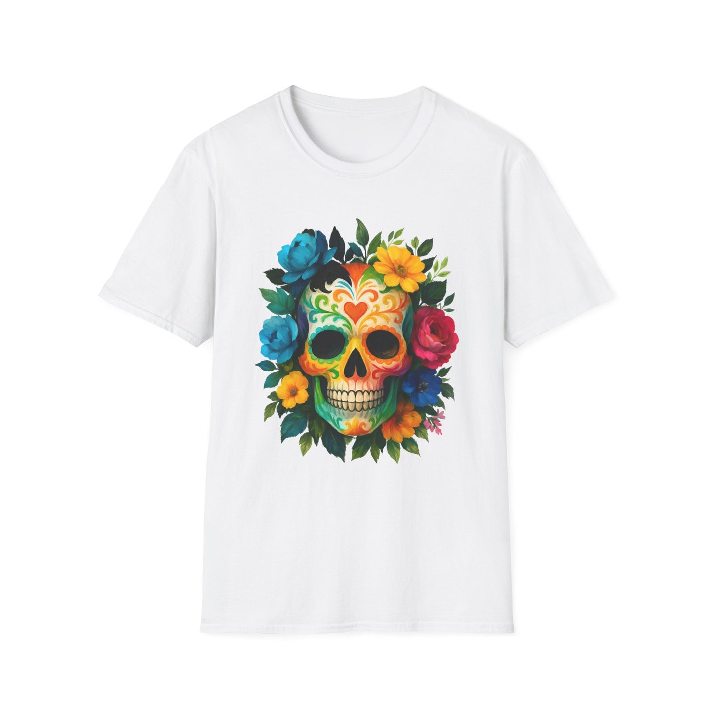 Colorful Floral Skull T-Shirt, Dia de los Muertos Tee, Casual Wear, Gifts for Her, Graphic Shirt, Boho Style Fashion