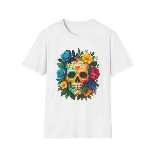 Colorful Floral Skull T-Shirt, Dia de los Muertos Tee, Casual Wear, Gifts for Her, Graphic Shirt, Boho Style Fashion