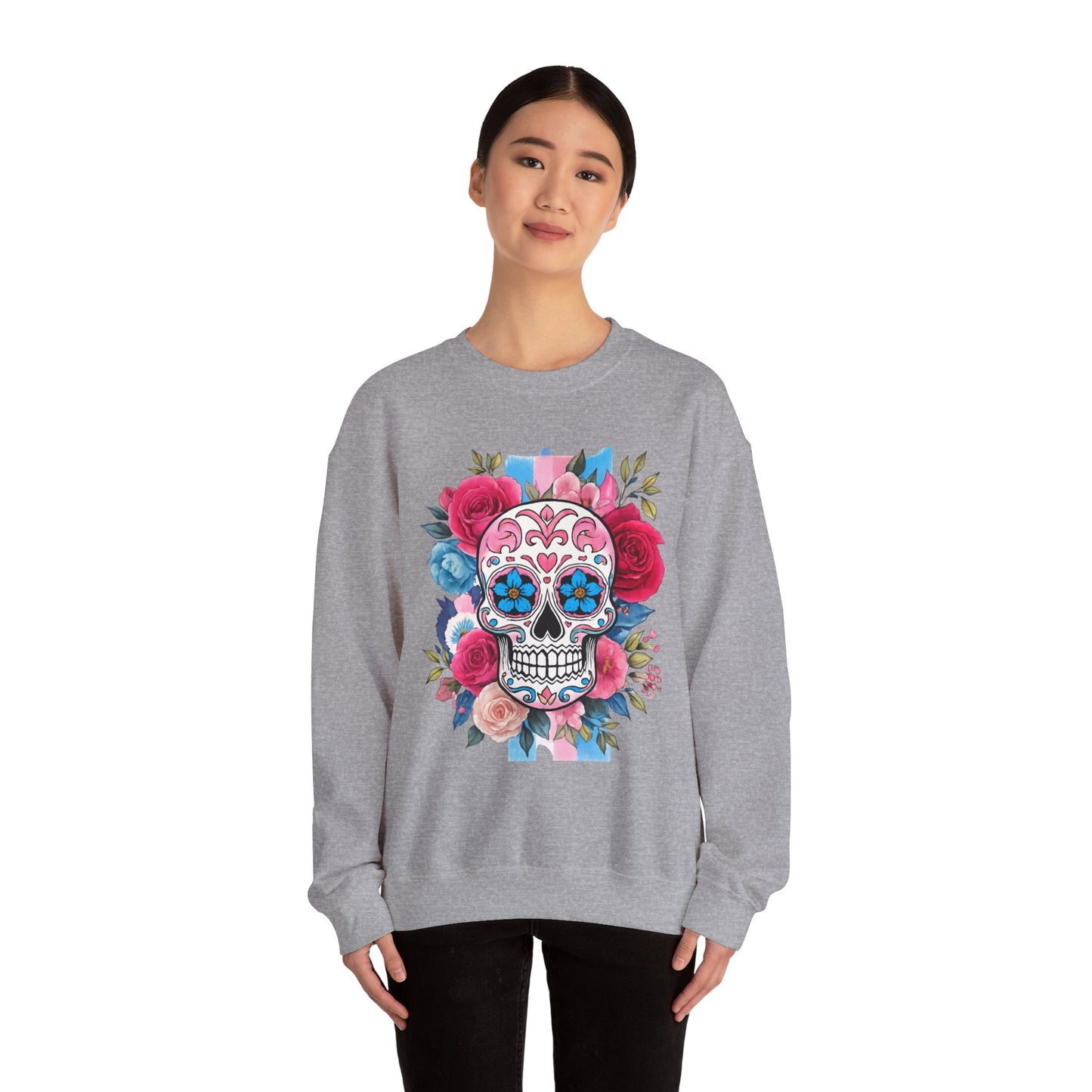 Colorful Sugar Skull Sweatshirt, Unisex Crewneck Sweatshirt for Halloween, Unique Gift for Day of the Dead, Cozy Fall Fashion, Casual Wear
