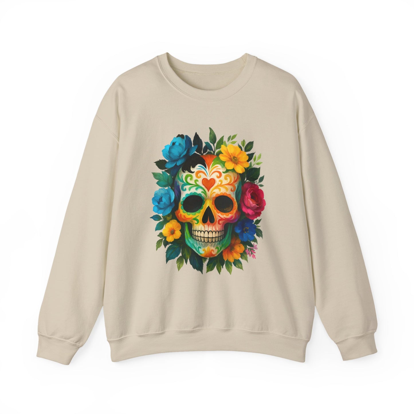 Colorful Sugar Skull Sweatshirt, Unisex Crewneck Sweatshirt for Halloween, Unique Gift for Day of the Dead, Cozy Fall Fashion, Casual Wear