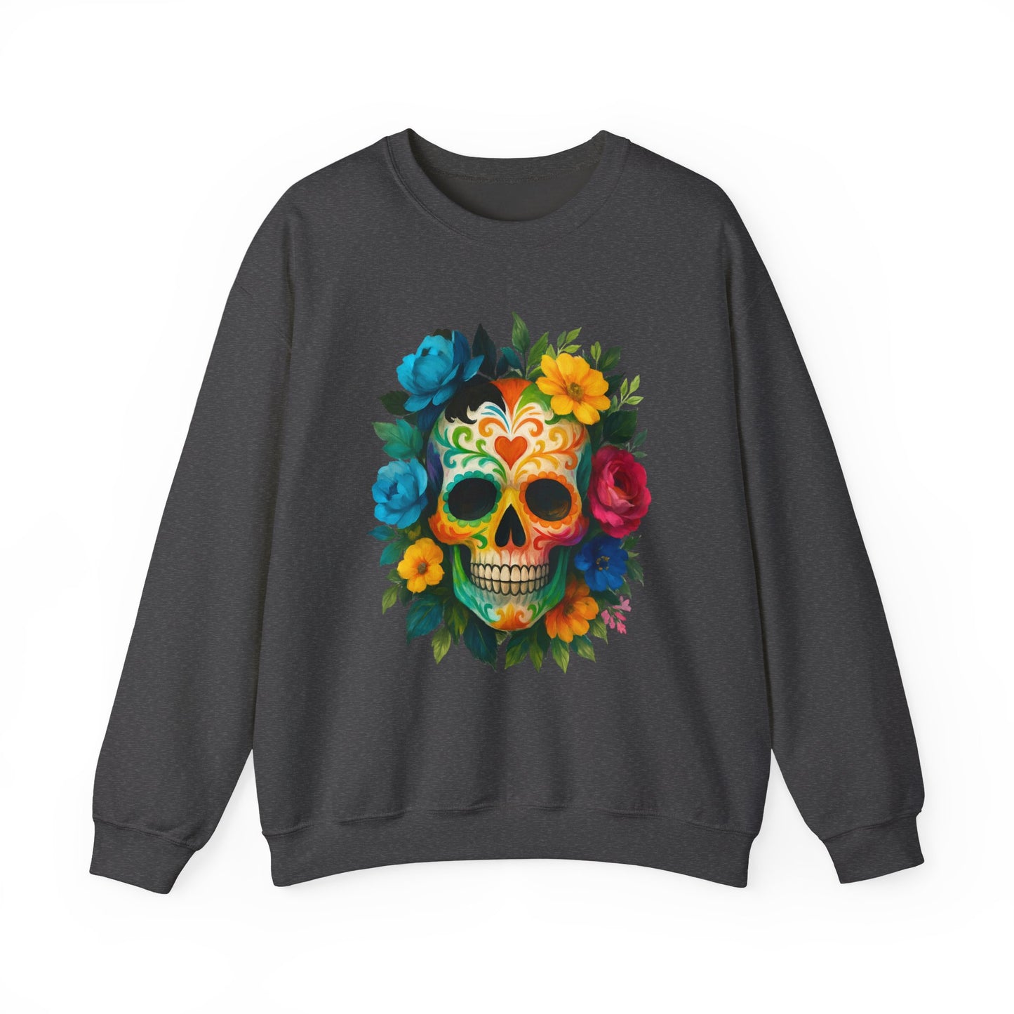 Colorful Sugar Skull Sweatshirt, Unisex Crewneck Sweatshirt for Halloween, Unique Gift for Day of the Dead, Cozy Fall Fashion, Casual Wear