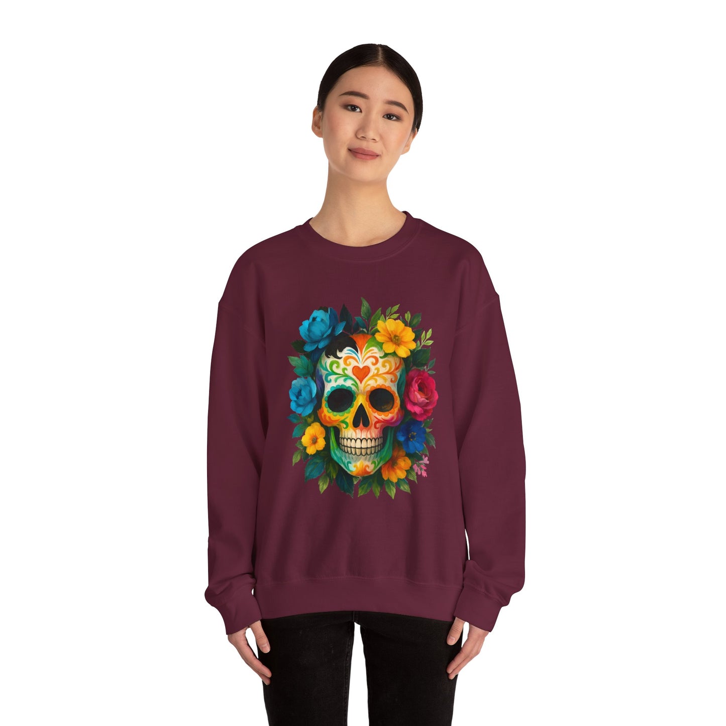 Colorful Sugar Skull Sweatshirt, Unisex Crewneck Sweatshirt for Halloween, Unique Gift for Day of the Dead, Cozy Fall Fashion, Casual Wear