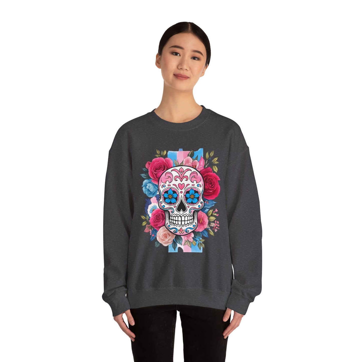 Colorful Sugar Skull Sweatshirt, Unisex Crewneck Sweatshirt for Halloween, Unique Gift for Day of the Dead, Cozy Fall Fashion, Casual Wear