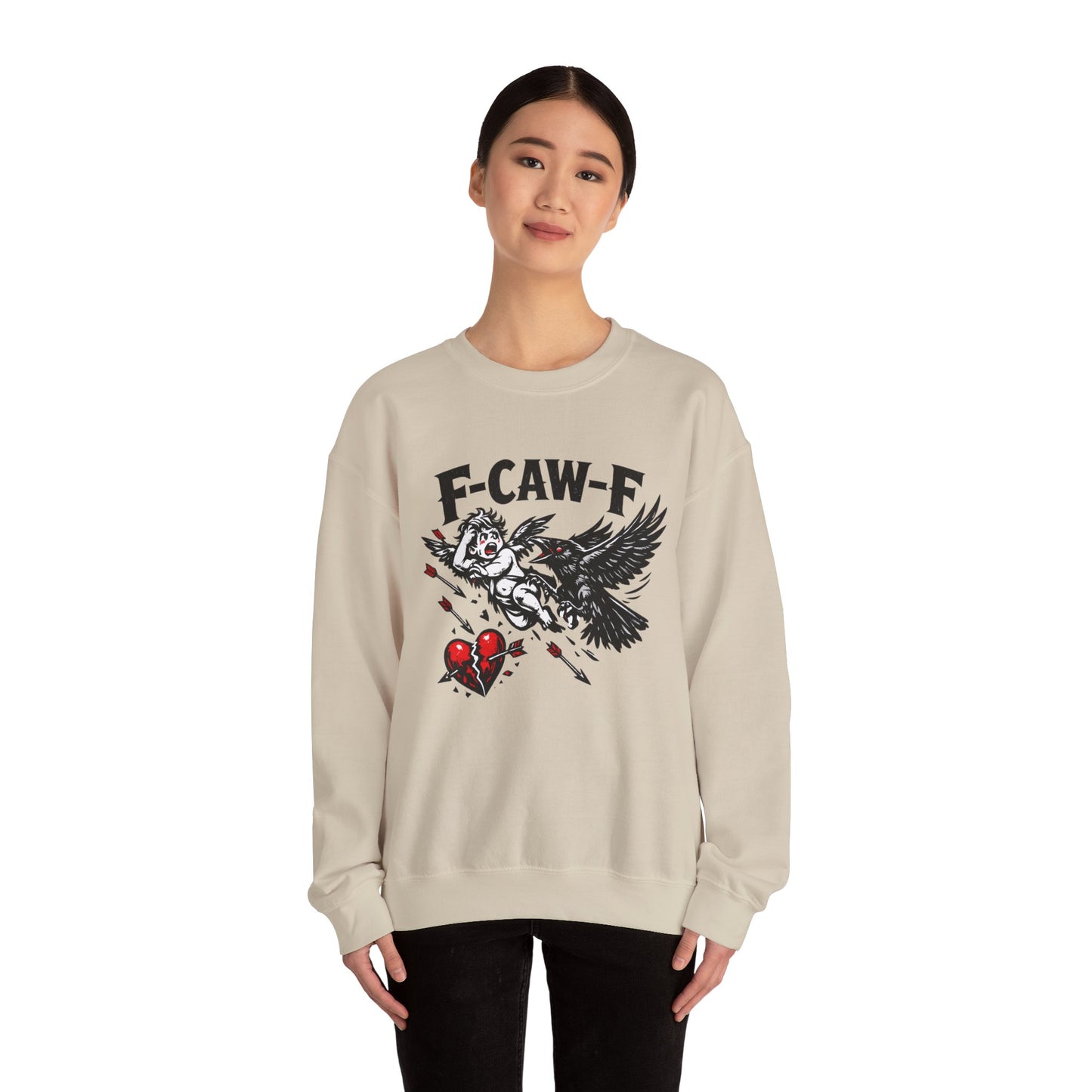 Anti-Valentine’s Day Crewneck Sweatshirt – F-CAW-F Crow Graphic, Funny Dark Humor Sweatshirt
