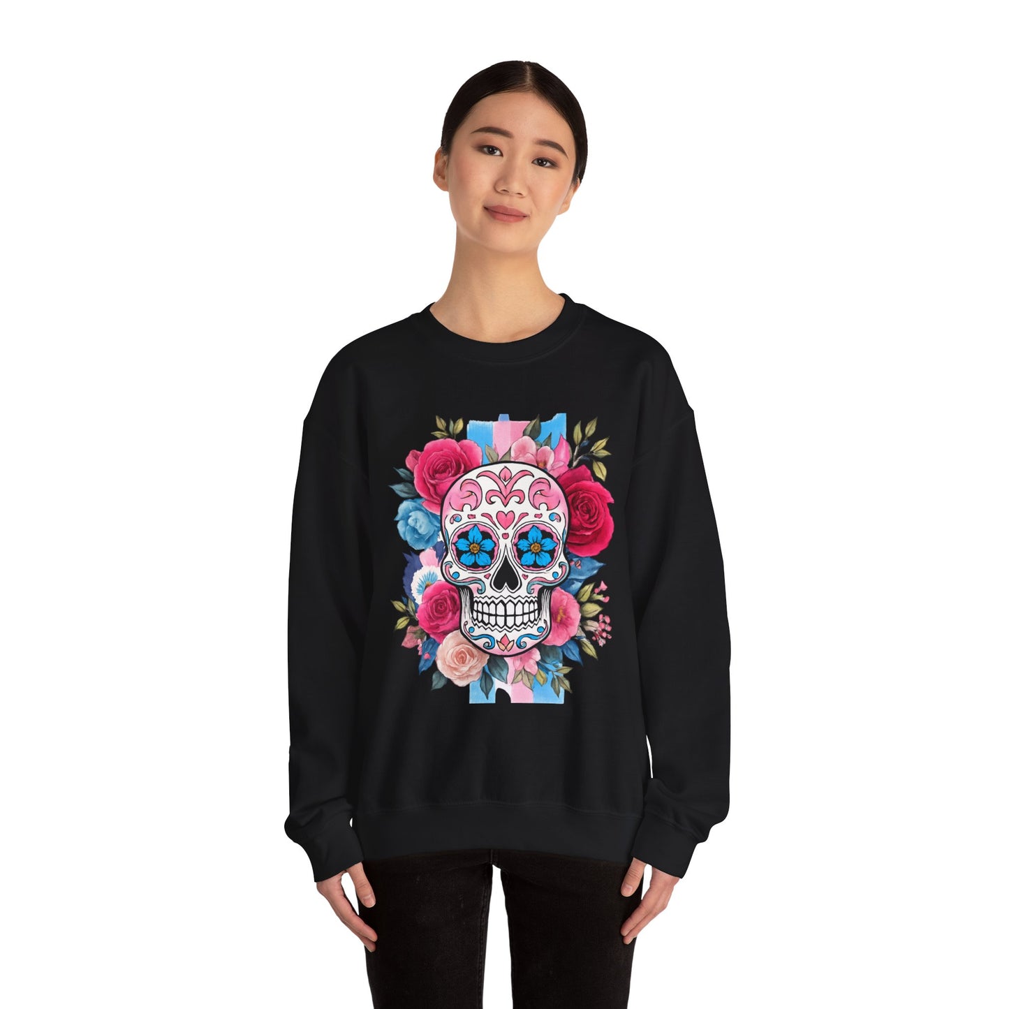 Colorful Sugar Skull Sweatshirt, Unisex Crewneck Sweatshirt for Halloween, Unique Gift for Day of the Dead, Cozy Fall Fashion, Casual Wear