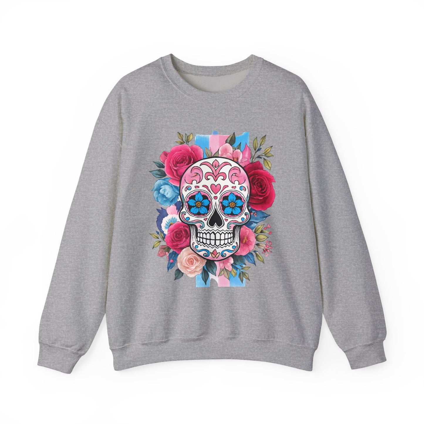 Colorful Sugar Skull Sweatshirt, Unisex Crewneck Sweatshirt for Halloween, Unique Gift for Day of the Dead, Cozy Fall Fashion, Casual Wear
