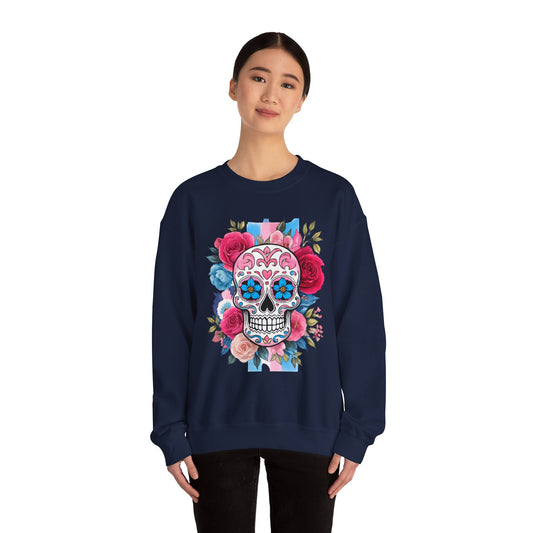 Colorful Sugar Skull Sweatshirt, Unisex Crewneck Sweatshirt for Halloween, Unique Gift for Day of the Dead, Cozy Fall Fashion, Casual Wear