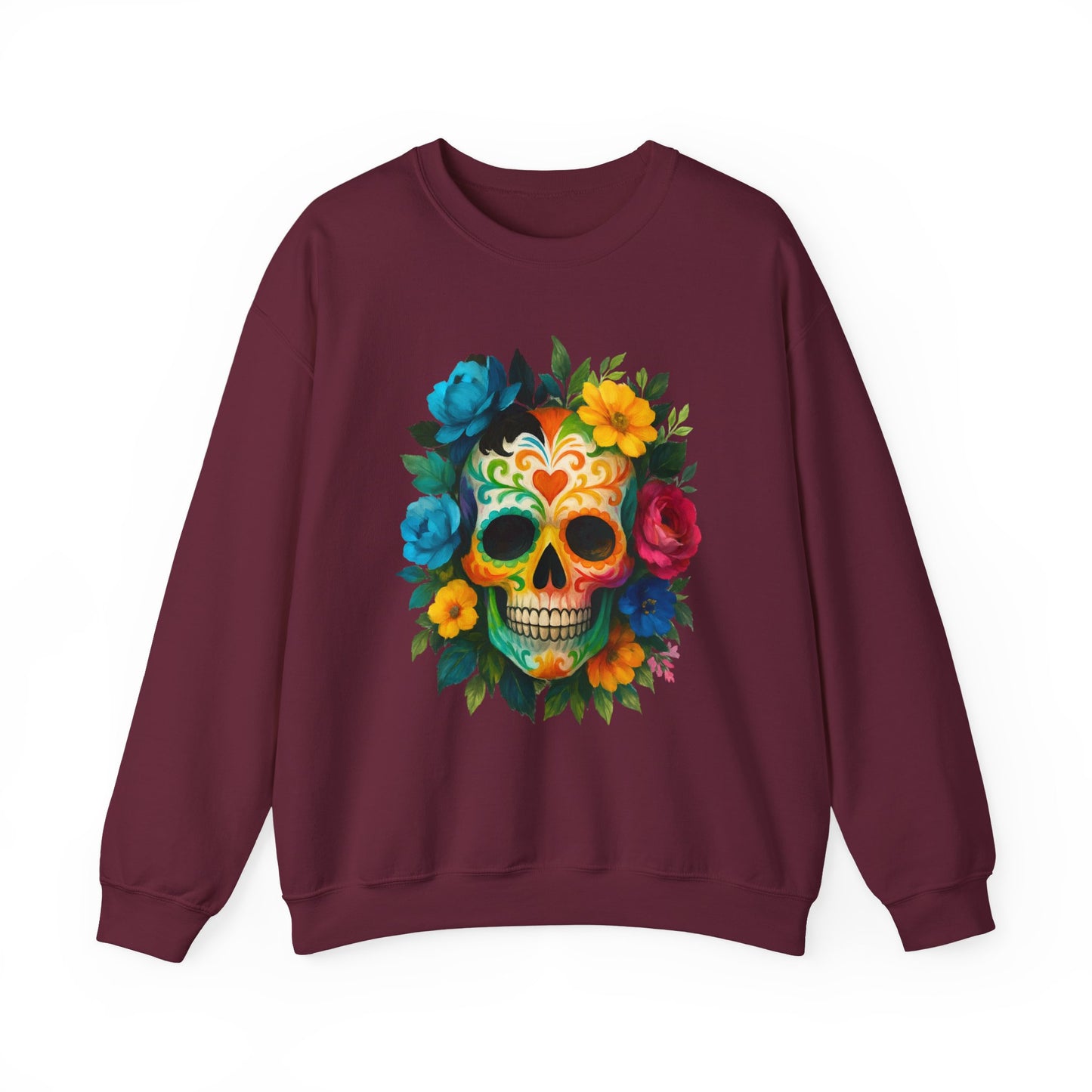 Colorful Sugar Skull Sweatshirt, Unisex Crewneck Sweatshirt for Halloween, Unique Gift for Day of the Dead, Cozy Fall Fashion, Casual Wear