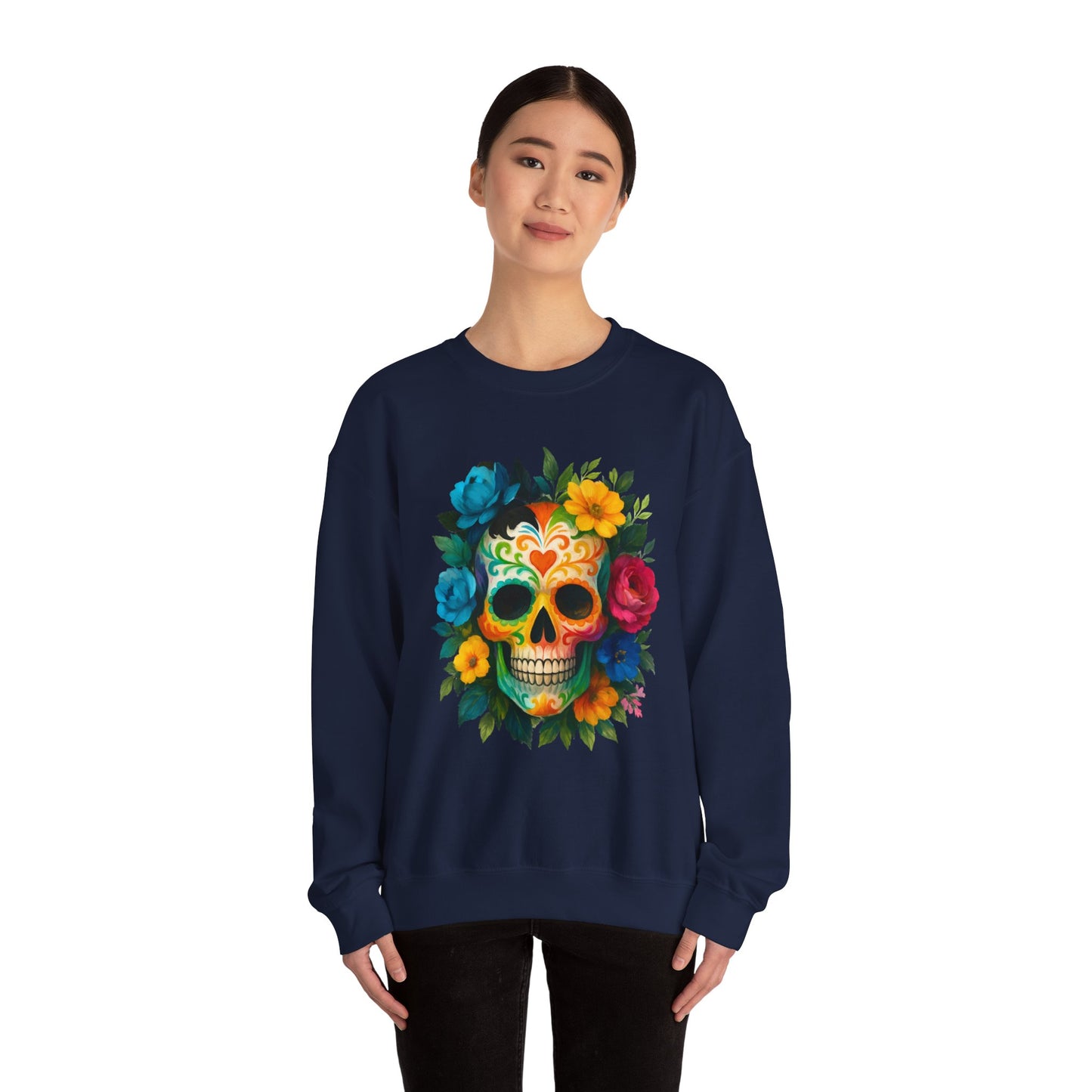 Colorful Sugar Skull Sweatshirt, Unisex Crewneck Sweatshirt for Halloween, Unique Gift for Day of the Dead, Cozy Fall Fashion, Casual Wear
