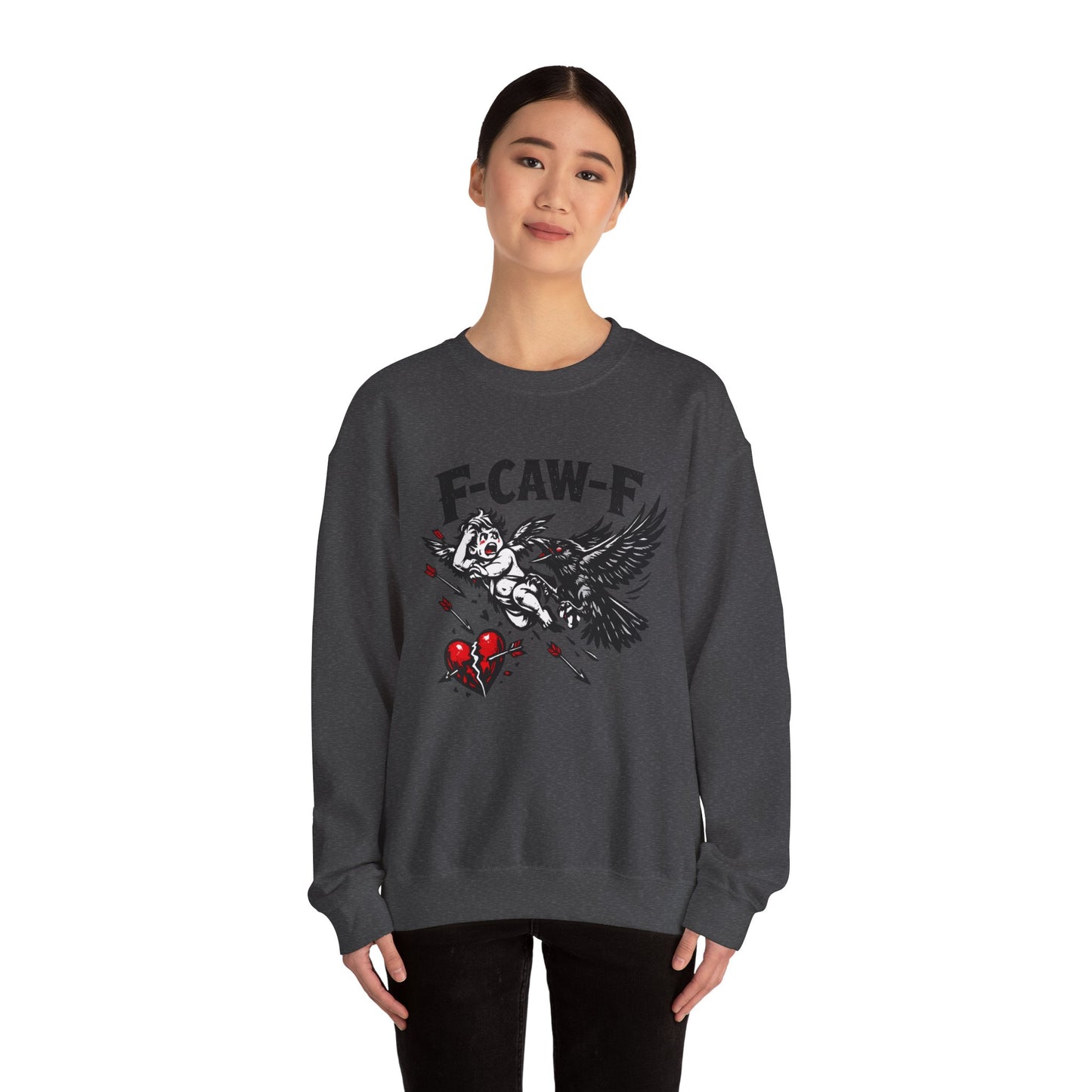 Anti-Valentine’s Day Crewneck Sweatshirt – F-CAW-F Crow Graphic, Funny Dark Humor Sweatshirt