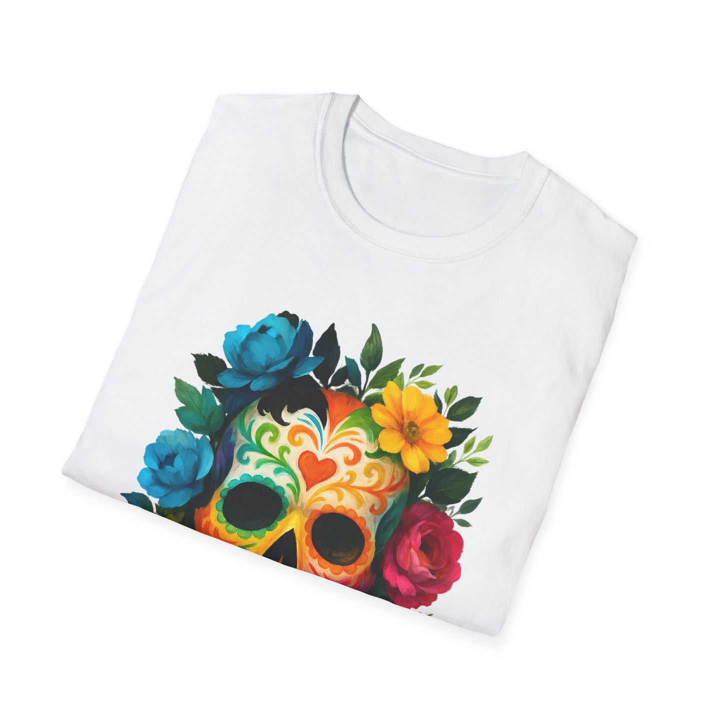 Colorful Floral Skull T-Shirt, Dia de los Muertos Tee, Casual Wear, Gifts for Her, Graphic Shirt, Boho Style Fashion