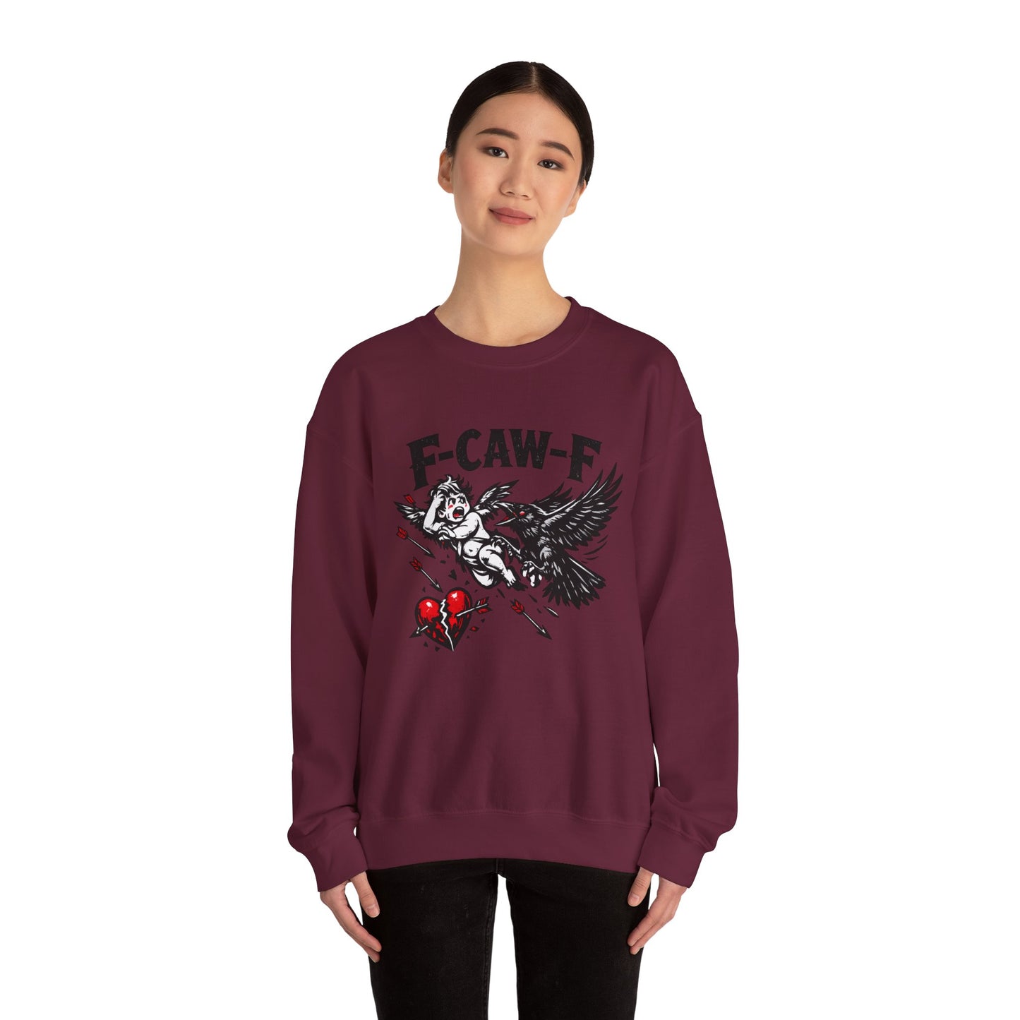 Anti-Valentine’s Day Crewneck Sweatshirt – F-CAW-F Crow Graphic, Funny Dark Humor Sweatshirt
