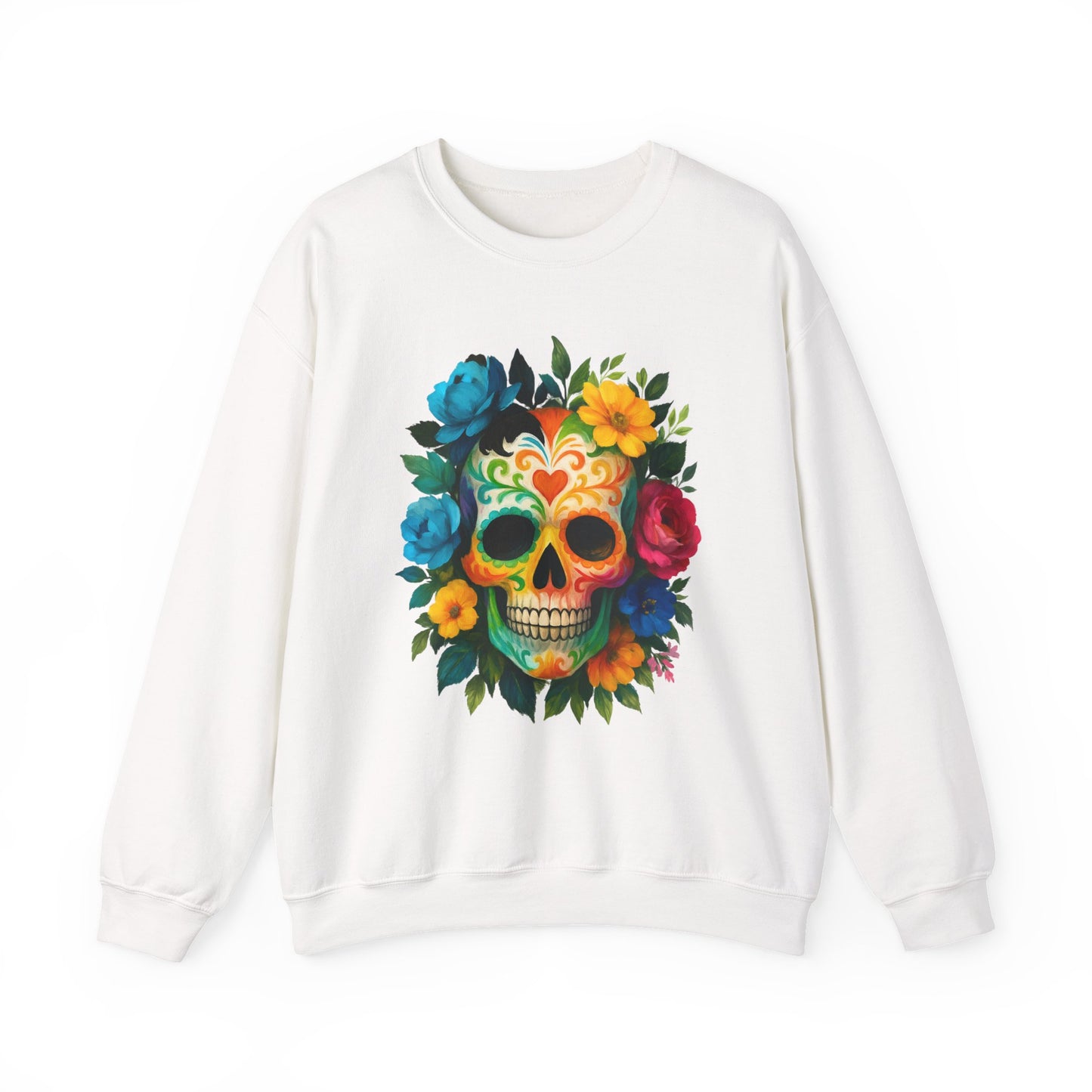 Colorful Sugar Skull Sweatshirt, Unisex Crewneck Sweatshirt for Halloween, Unique Gift for Day of the Dead, Cozy Fall Fashion, Casual Wear