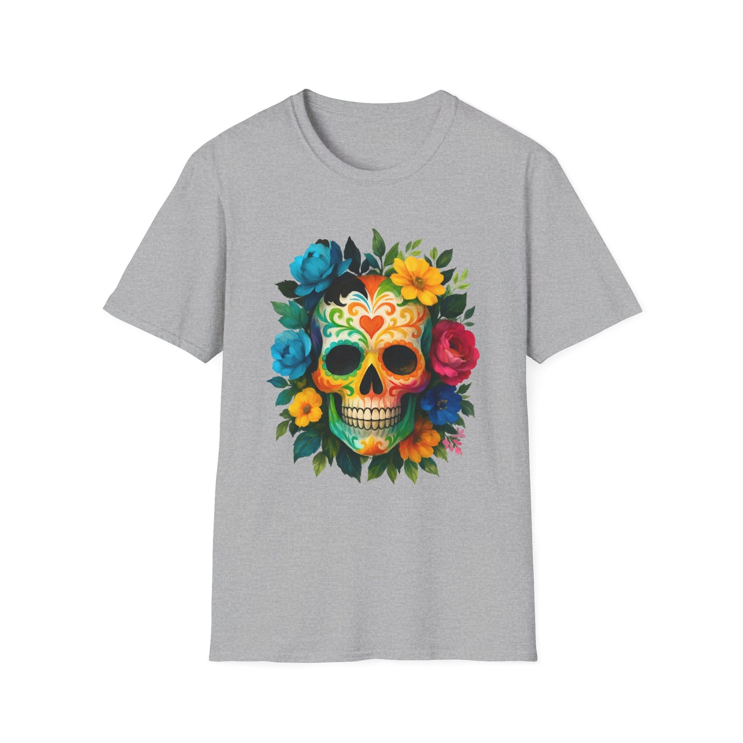 Colorful Floral Skull T-Shirt, Dia de los Muertos Tee, Casual Wear, Gifts for Her, Graphic Shirt, Boho Style Fashion