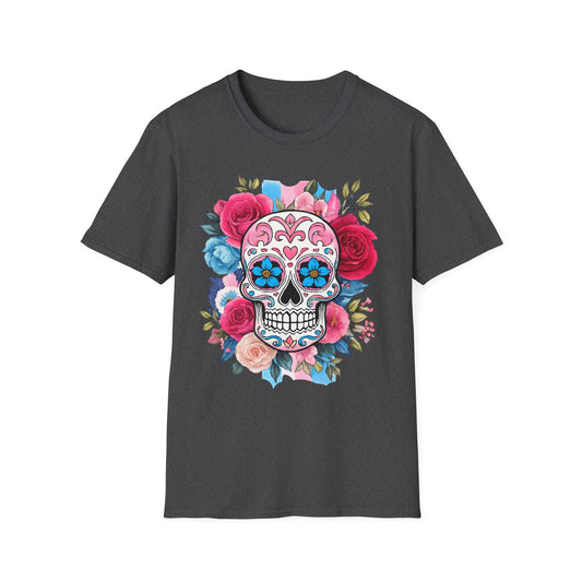 Colorful Floral Skull T-Shirt, Dia de los Muertos Tee, Casual Wear, Gifts for Her, Graphic Shirt, Boho Style Fashion