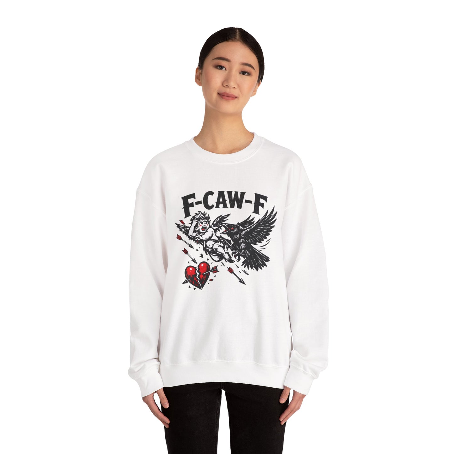 Anti-Valentine’s Day Crewneck Sweatshirt – F-CAW-F Crow Graphic, Funny Dark Humor Sweatshirt