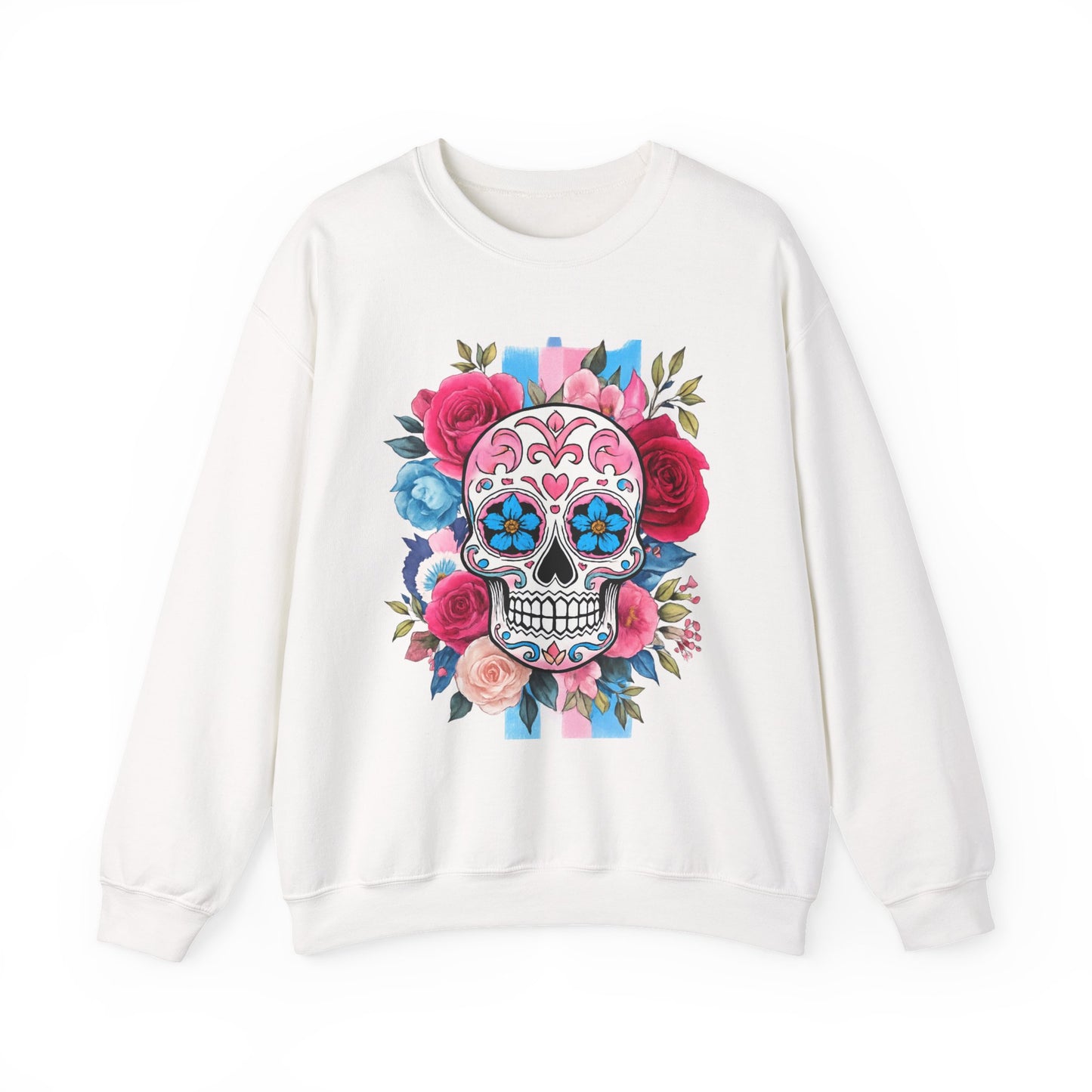 Colorful Sugar Skull Sweatshirt, Unisex Crewneck Sweatshirt for Halloween, Unique Gift for Day of the Dead, Cozy Fall Fashion, Casual Wear