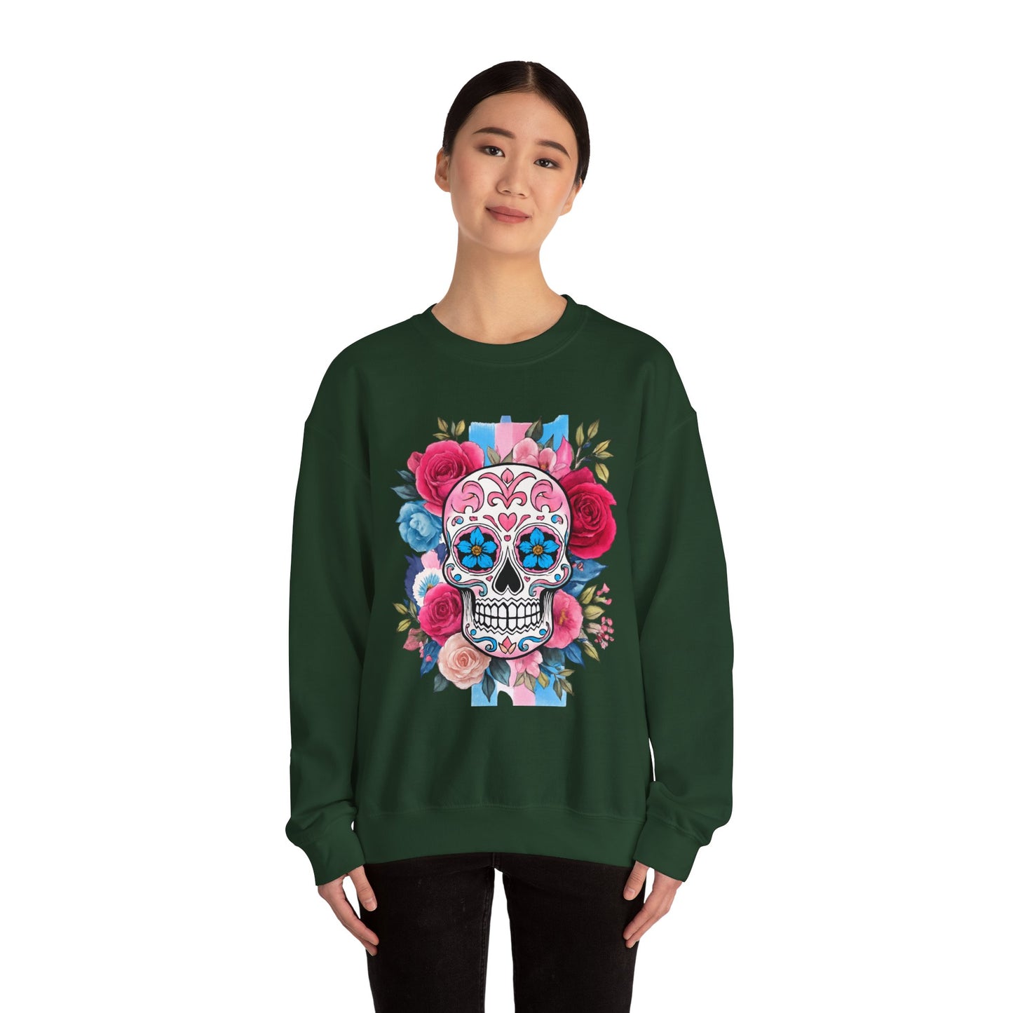 Colorful Sugar Skull Sweatshirt, Unisex Crewneck Sweatshirt for Halloween, Unique Gift for Day of the Dead, Cozy Fall Fashion, Casual Wear
