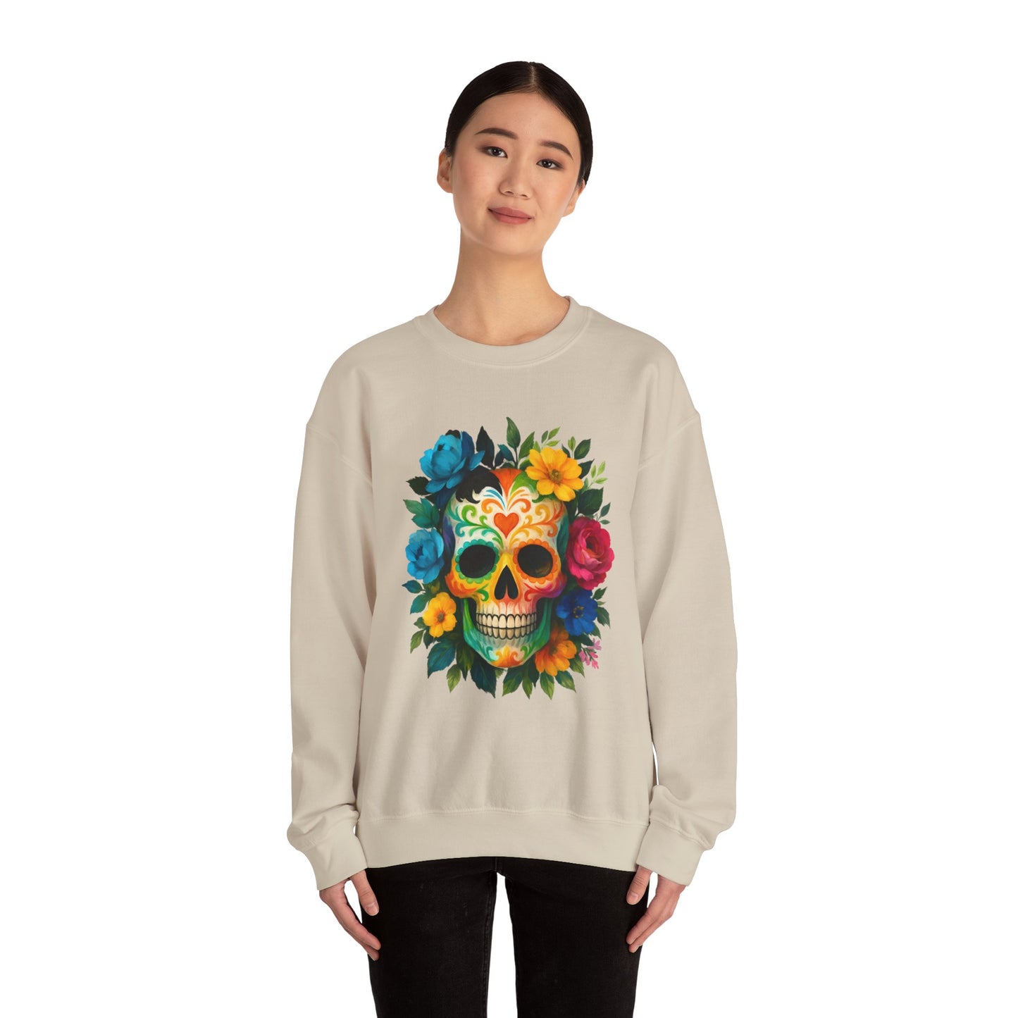 Colorful Sugar Skull Sweatshirt, Unisex Crewneck Sweatshirt for Halloween, Unique Gift for Day of the Dead, Cozy Fall Fashion, Casual Wear