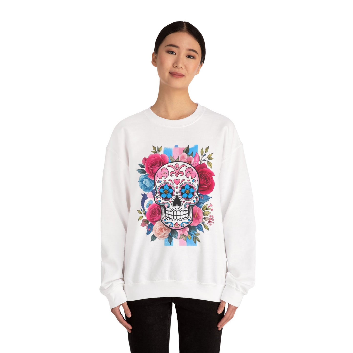 Colorful Sugar Skull Sweatshirt, Unisex Crewneck Sweatshirt for Halloween, Unique Gift for Day of the Dead, Cozy Fall Fashion, Casual Wear