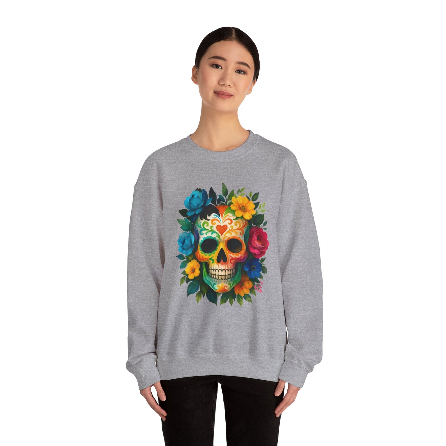Colorful Sugar Skull Sweatshirt, Unisex Crewneck Sweatshirt for Halloween, Unique Gift for Day of the Dead, Cozy Fall Fashion, Casual Wear