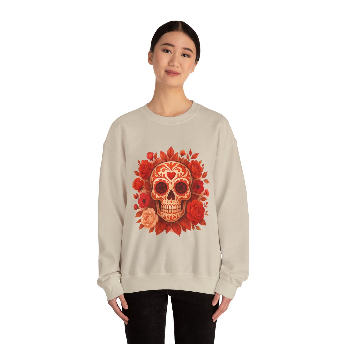 Colorful Sugar Skull Sweatshirt, Unisex Crewneck Sweatshirt for Halloween, Unique Gift for Day of the Dead, Cozy Fall Fashion, Casual Wear