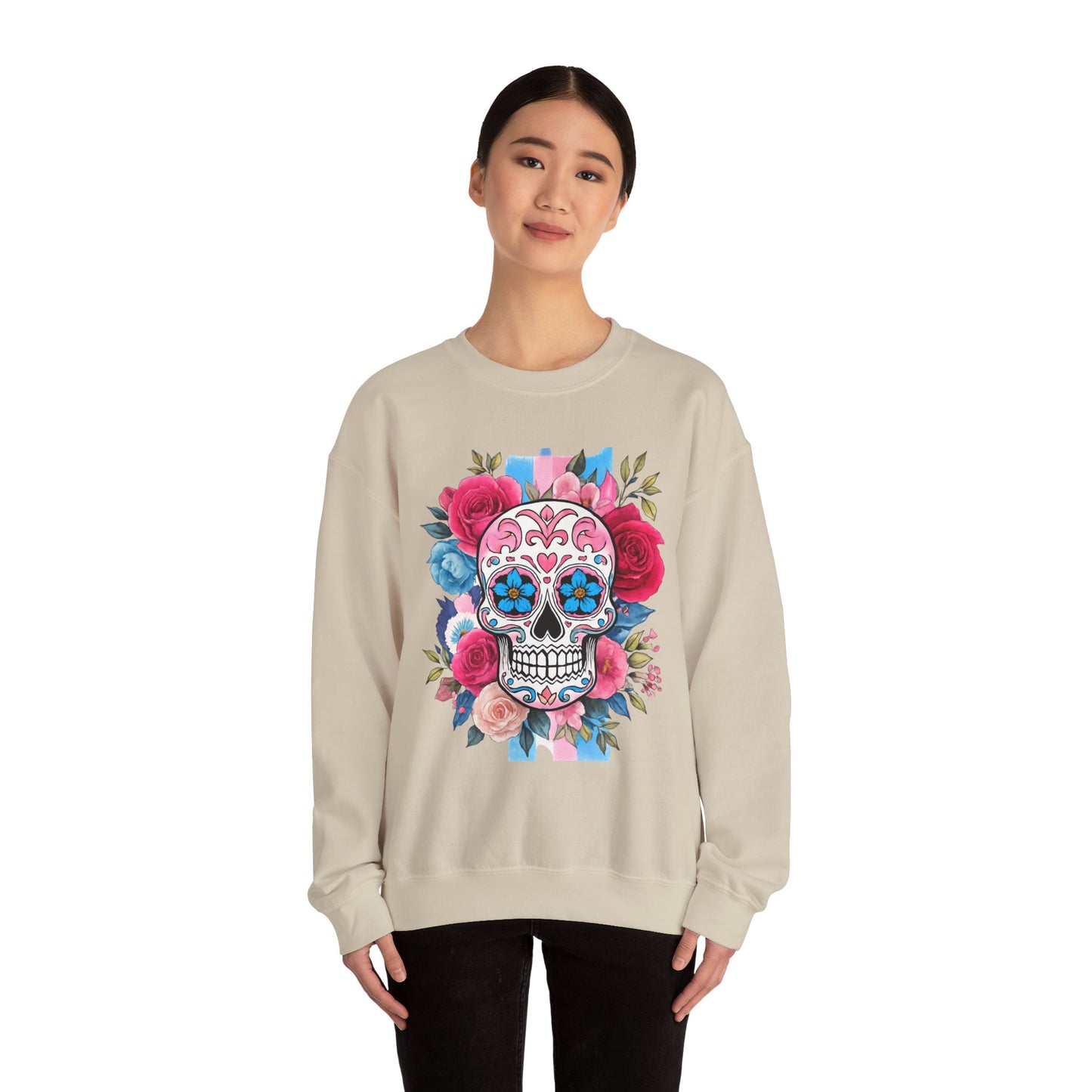 Colorful Sugar Skull Sweatshirt, Unisex Crewneck Sweatshirt for Halloween, Unique Gift for Day of the Dead, Cozy Fall Fashion, Casual Wear