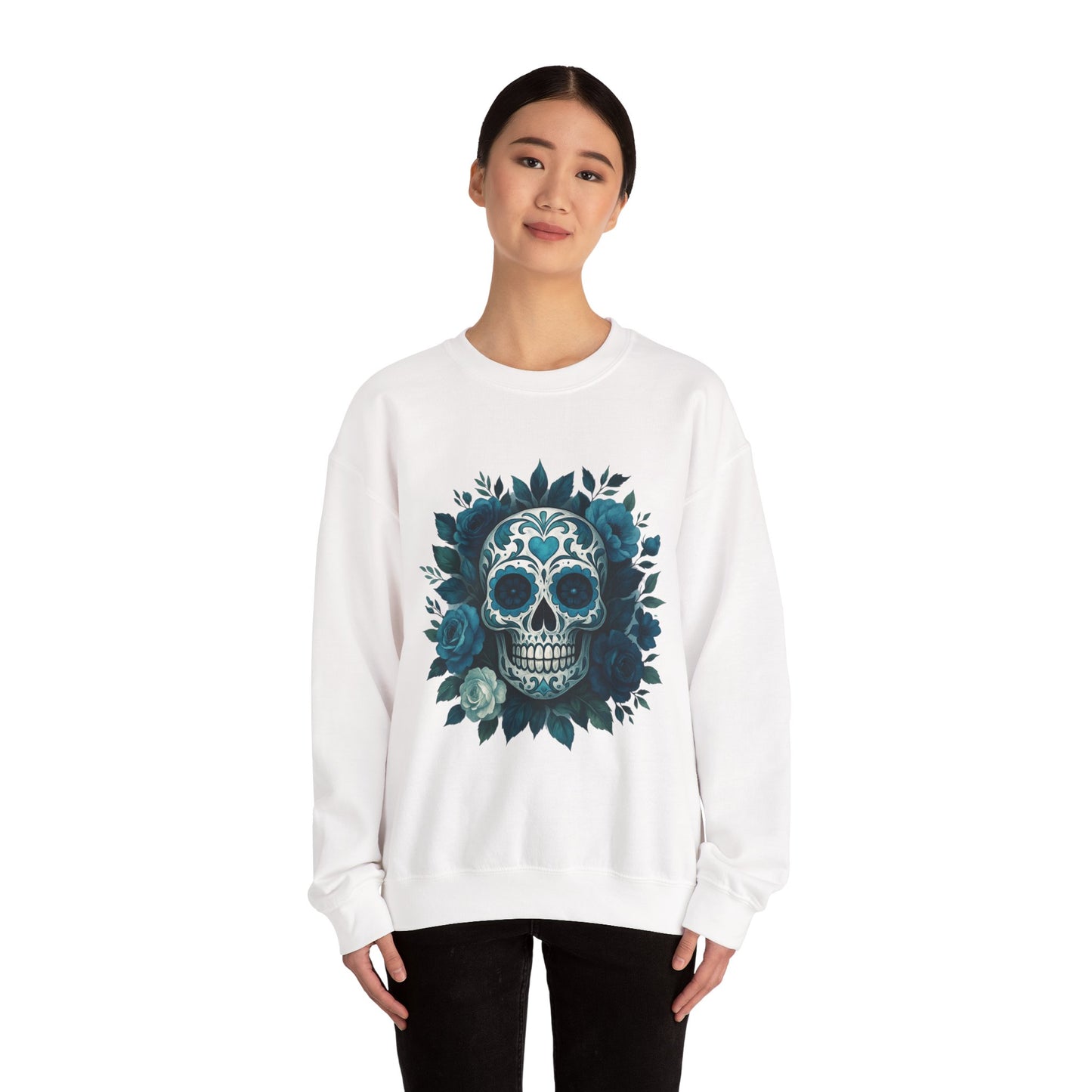 Colorful Sugar Skull Sweatshirt, Unisex Crewneck Sweatshirt for Halloween, Unique Gift for Day of the Dead, Cozy Fall Fashion, Casual Wear