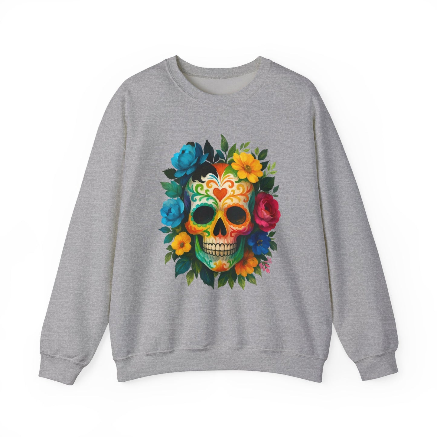 Colorful Sugar Skull Sweatshirt, Unisex Crewneck Sweatshirt for Halloween, Unique Gift for Day of the Dead, Cozy Fall Fashion, Casual Wear