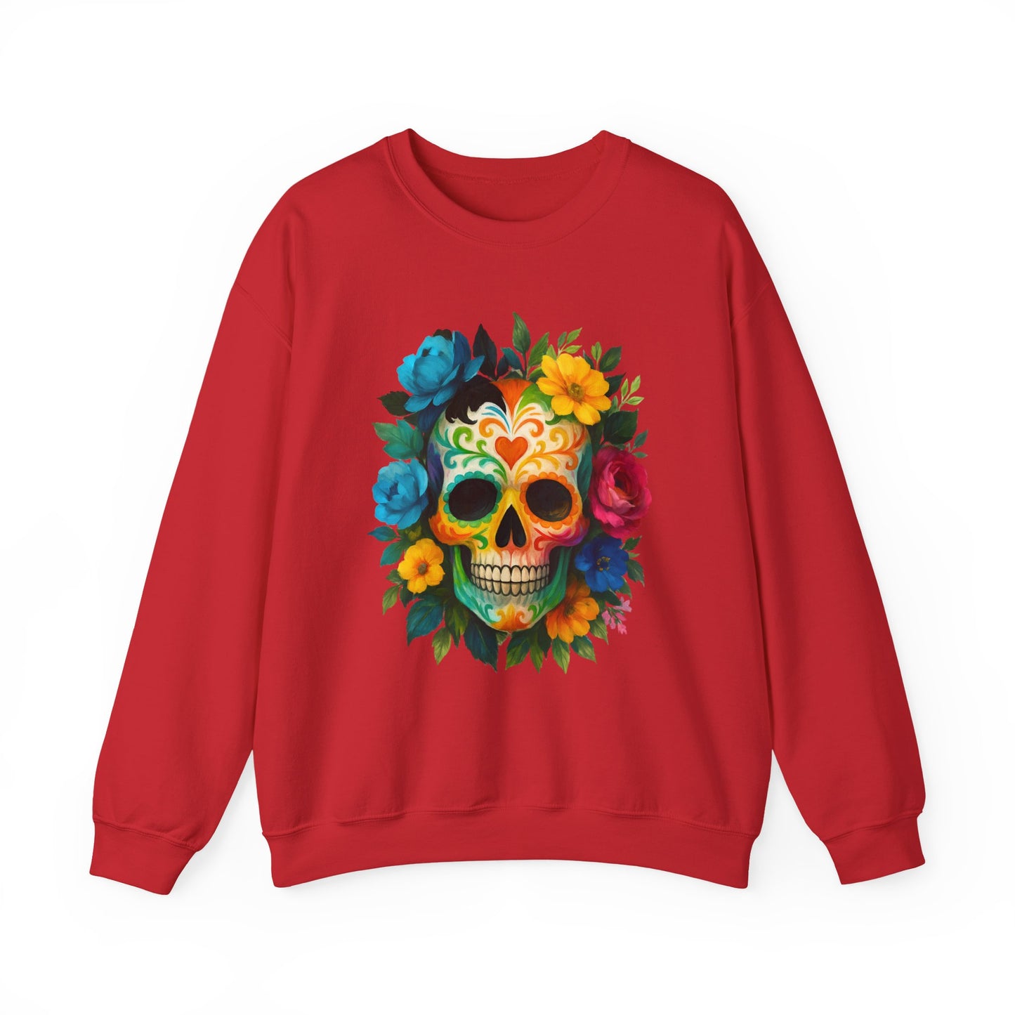 Colorful Sugar Skull Sweatshirt, Unisex Crewneck Sweatshirt for Halloween, Unique Gift for Day of the Dead, Cozy Fall Fashion, Casual Wear