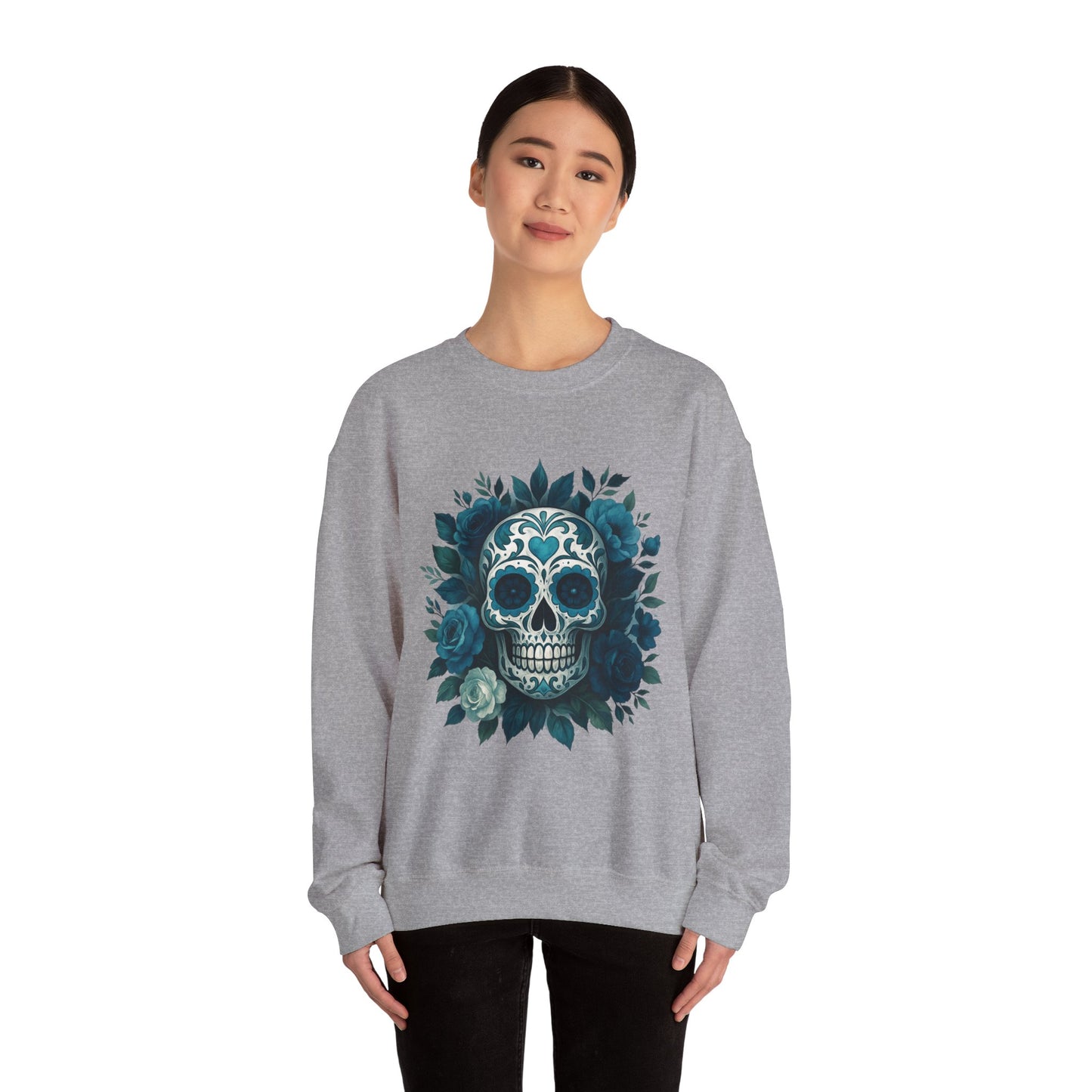 Colorful Sugar Skull Sweatshirt, Unisex Crewneck Sweatshirt for Halloween, Unique Gift for Day of the Dead, Cozy Fall Fashion, Casual Wear