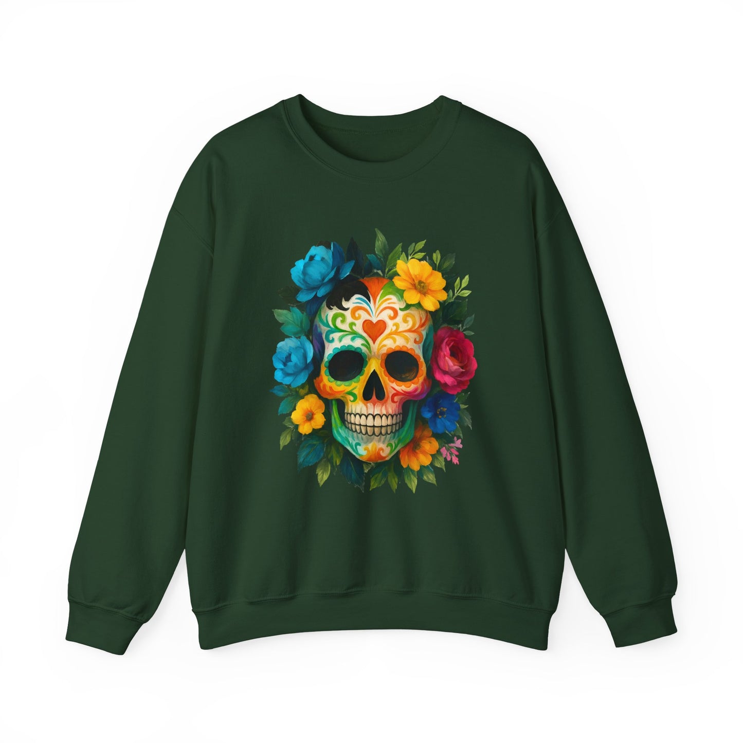 Colorful Sugar Skull Sweatshirt, Unisex Crewneck Sweatshirt for Halloween, Unique Gift for Day of the Dead, Cozy Fall Fashion, Casual Wear