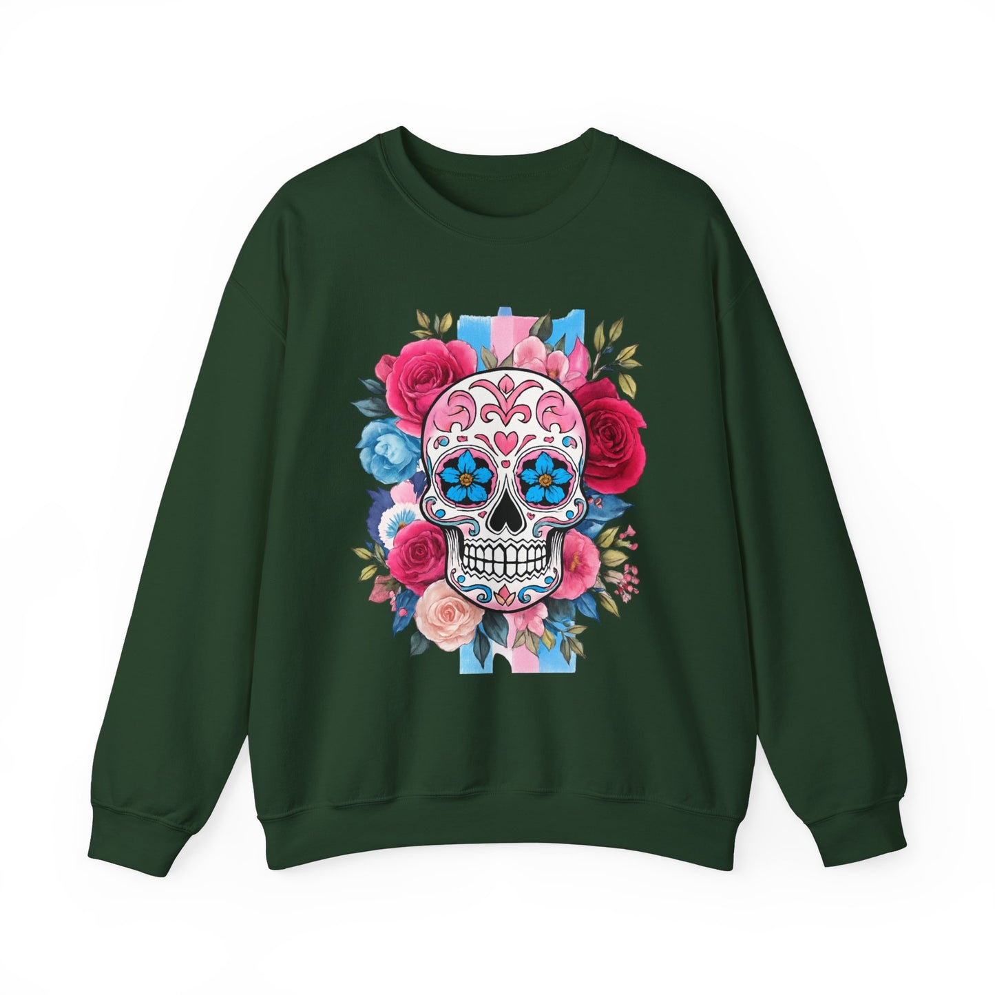 Colorful Sugar Skull Sweatshirt, Unisex Crewneck Sweatshirt for Halloween, Unique Gift for Day of the Dead, Cozy Fall Fashion, Casual Wear