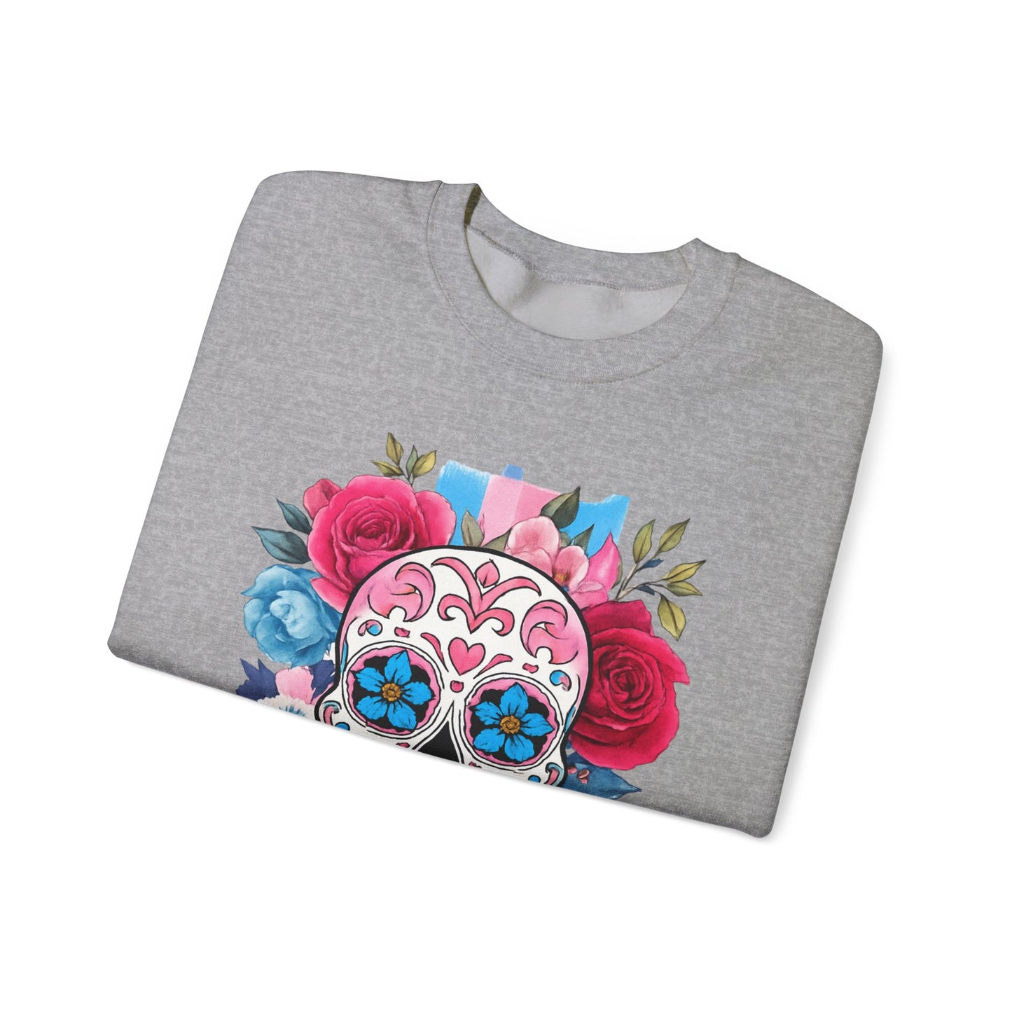 Colorful Sugar Skull Sweatshirt, Unisex Crewneck Sweatshirt for Halloween, Unique Gift for Day of the Dead, Cozy Fall Fashion, Casual Wear