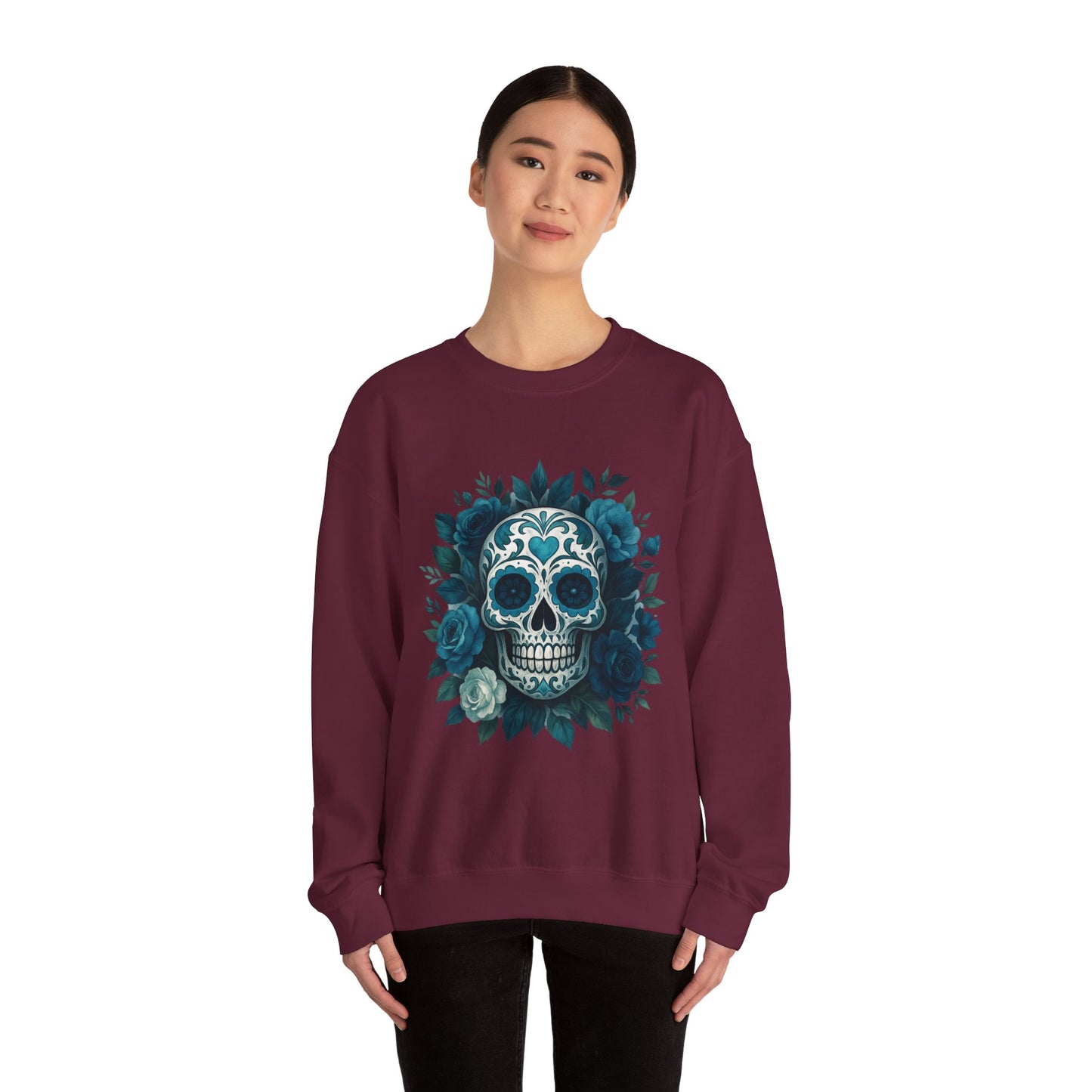 Colorful Sugar Skull Sweatshirt, Unisex Crewneck Sweatshirt for Halloween, Unique Gift for Day of the Dead, Cozy Fall Fashion, Casual Wear