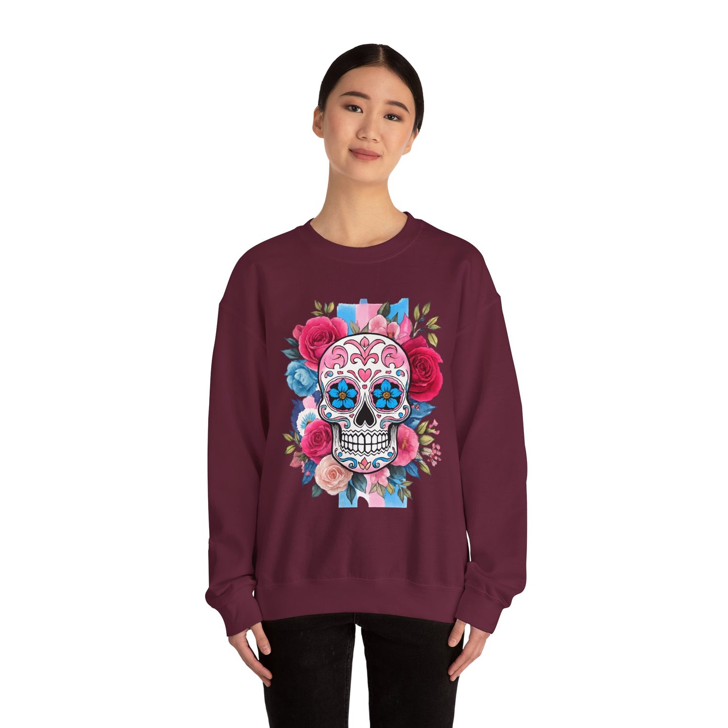 Colorful Sugar Skull Sweatshirt, Unisex Crewneck Sweatshirt for Halloween, Unique Gift for Day of the Dead, Cozy Fall Fashion, Casual Wear