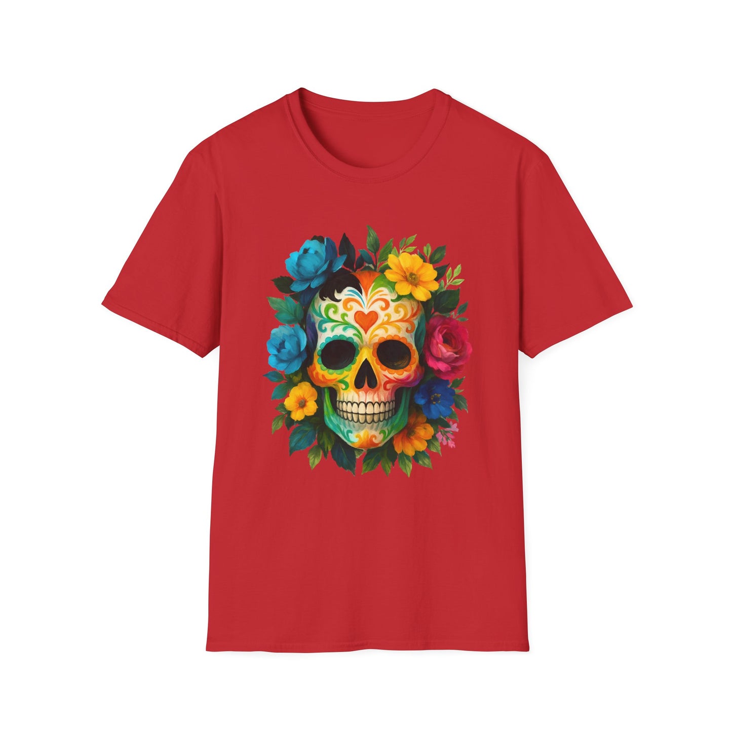 Colorful Floral Skull T-Shirt, Dia de los Muertos Tee, Casual Wear, Gifts for Her, Graphic Shirt, Boho Style Fashion